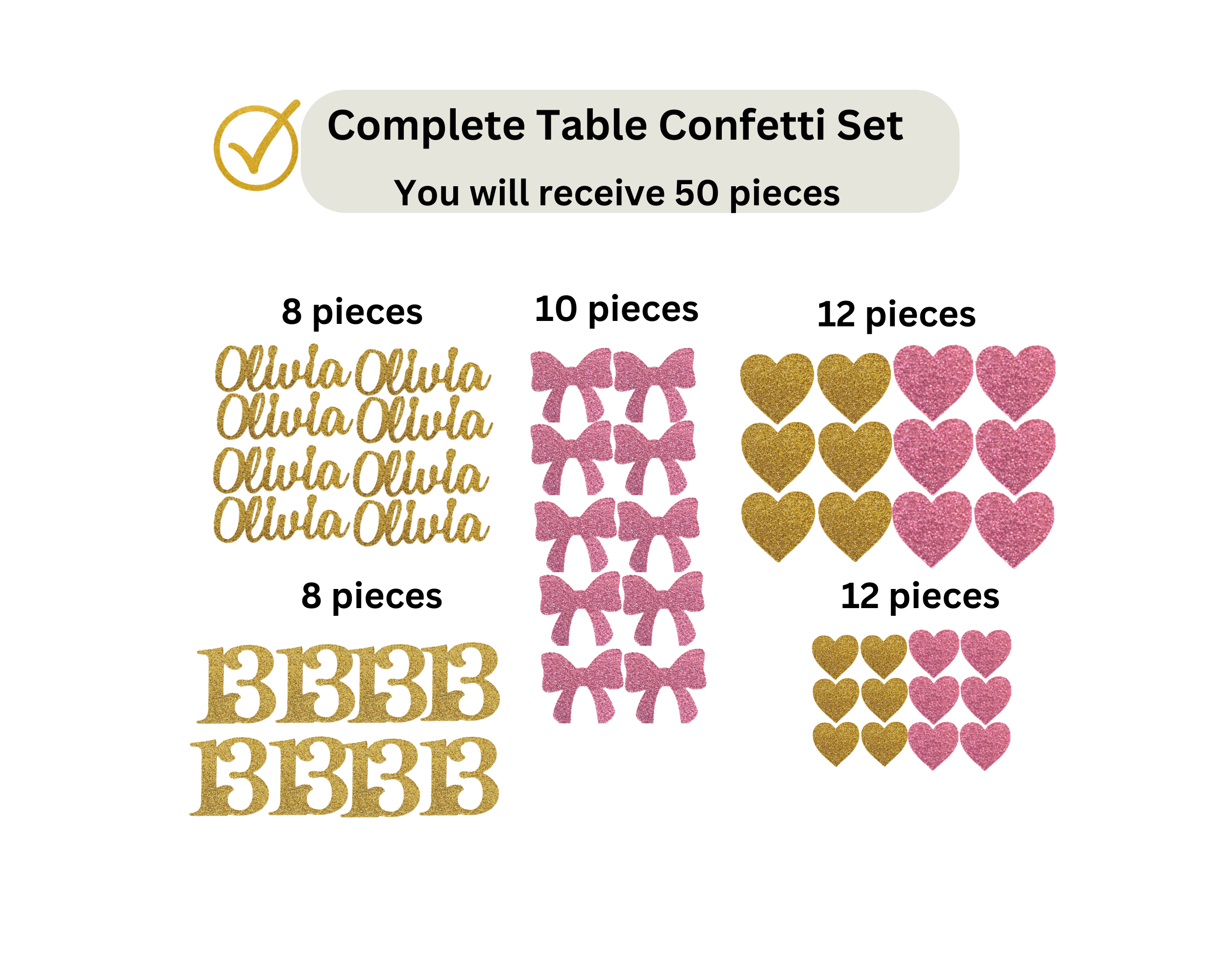 Complete set of 13 confetti with bow pieces for Bat Mitzvah or birthday party