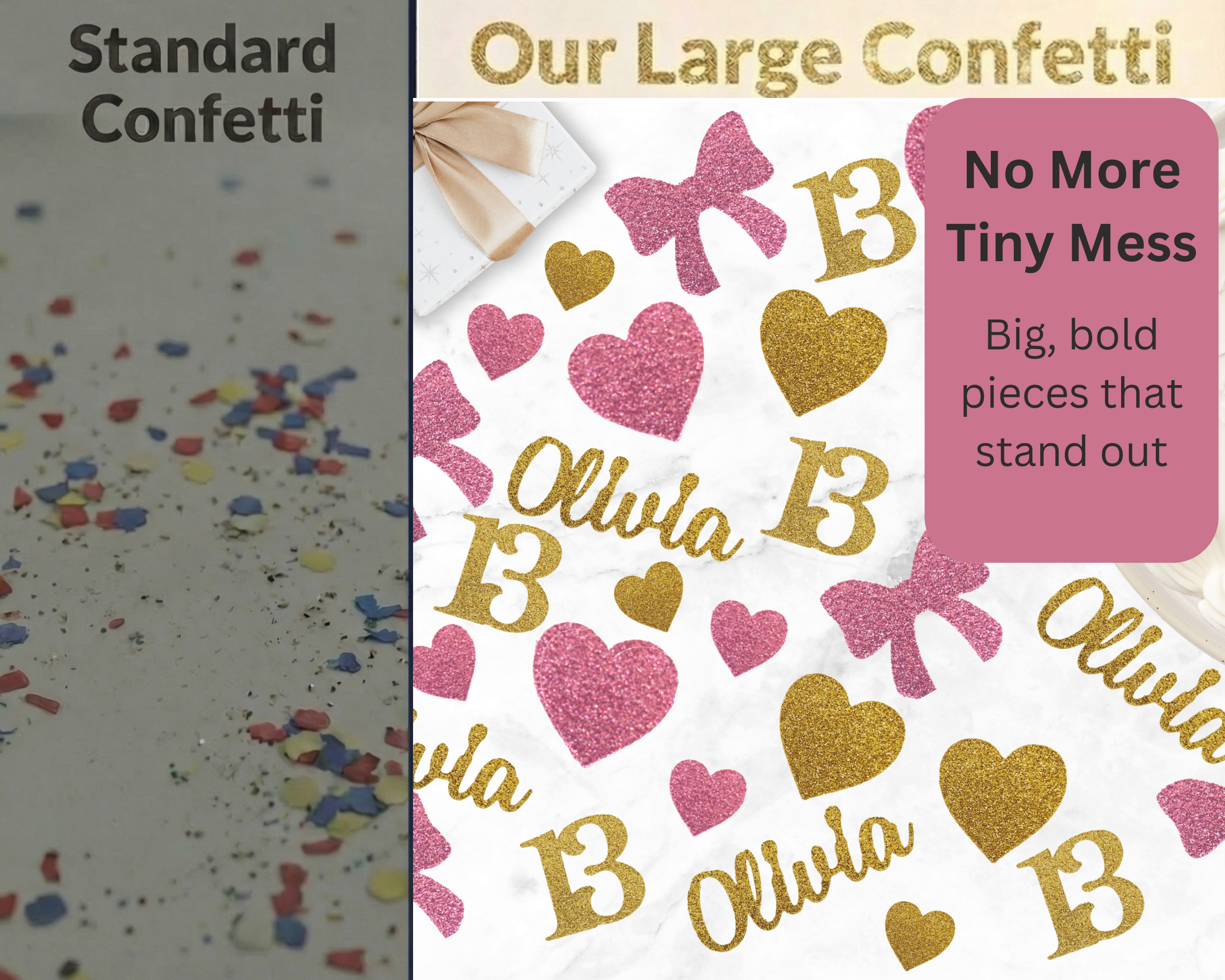 Comparison of 13 bow confetti versus plain confetti showing premium quality