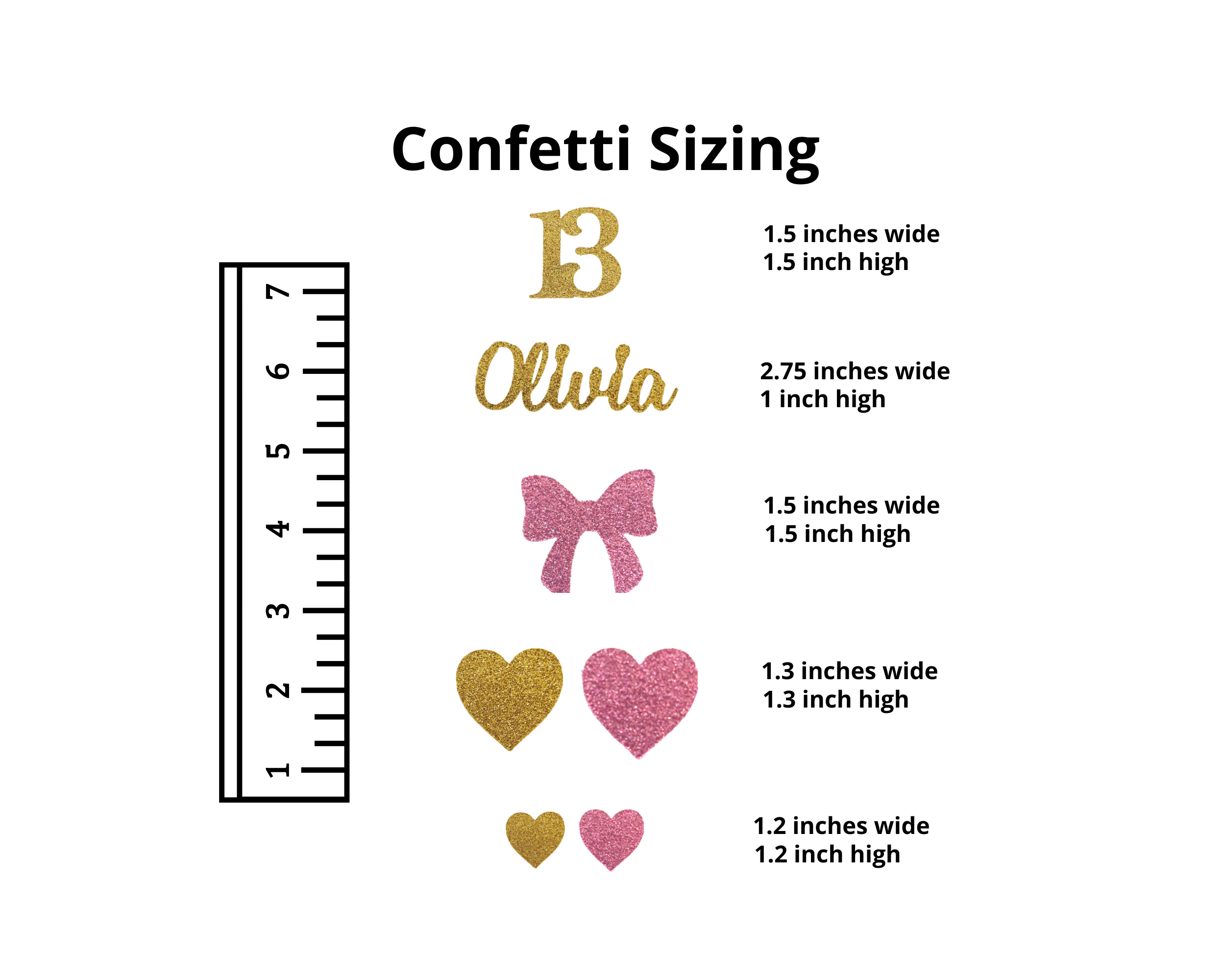 13 confetti with bow sizing guide showing different confetti piece sizes