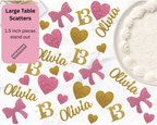 13 bow confetti scattered on table for elegant teen birthday party decoration