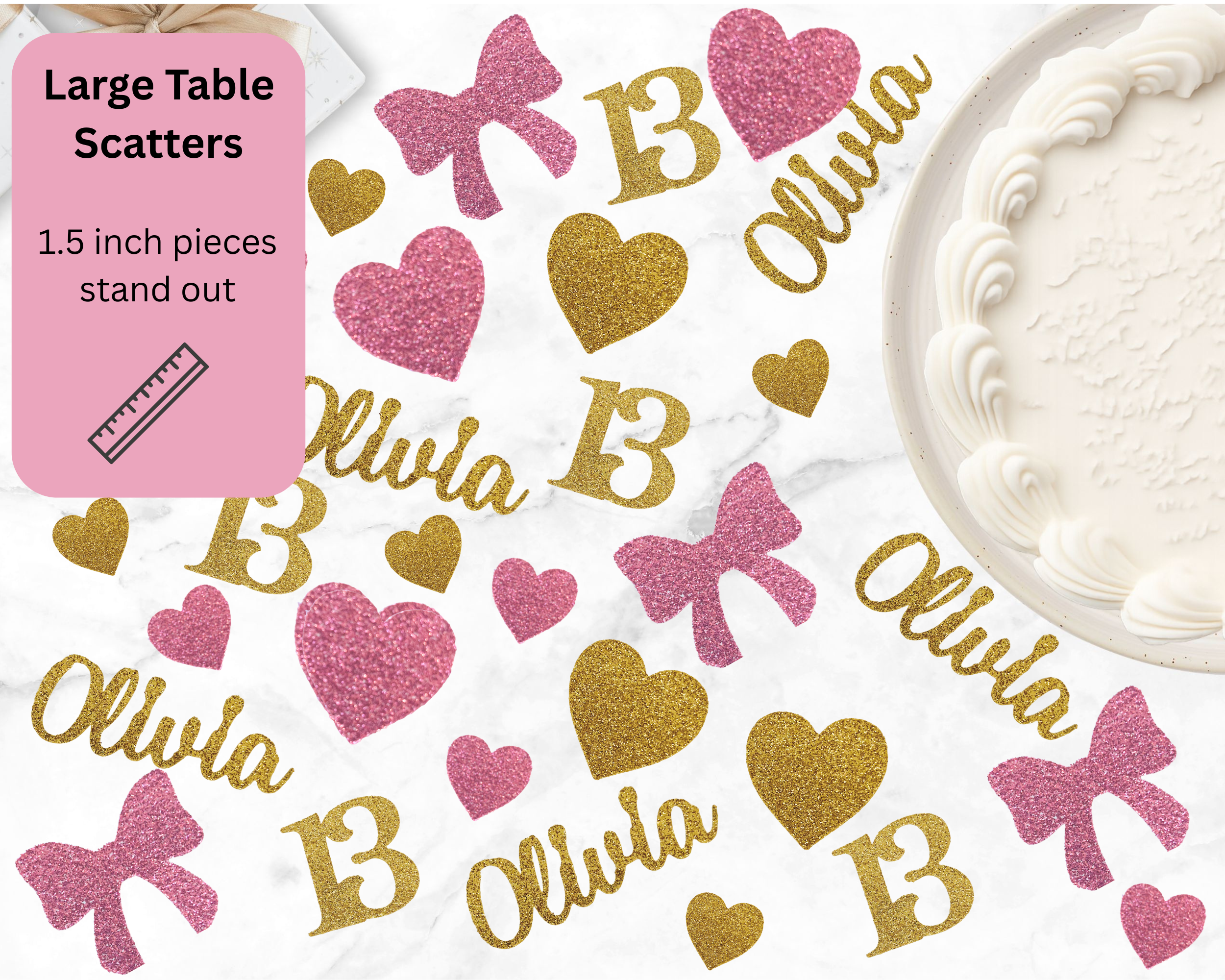 13 bow confetti scattered on table for elegant teen birthday party decoration