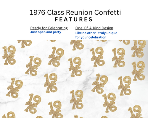 Features of 1976 class reunion confetti from ZeeBestCelebrations