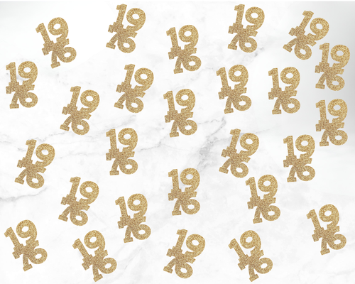 1976 class reunion confetti scattered on party table for Class of 1976 reunion decor