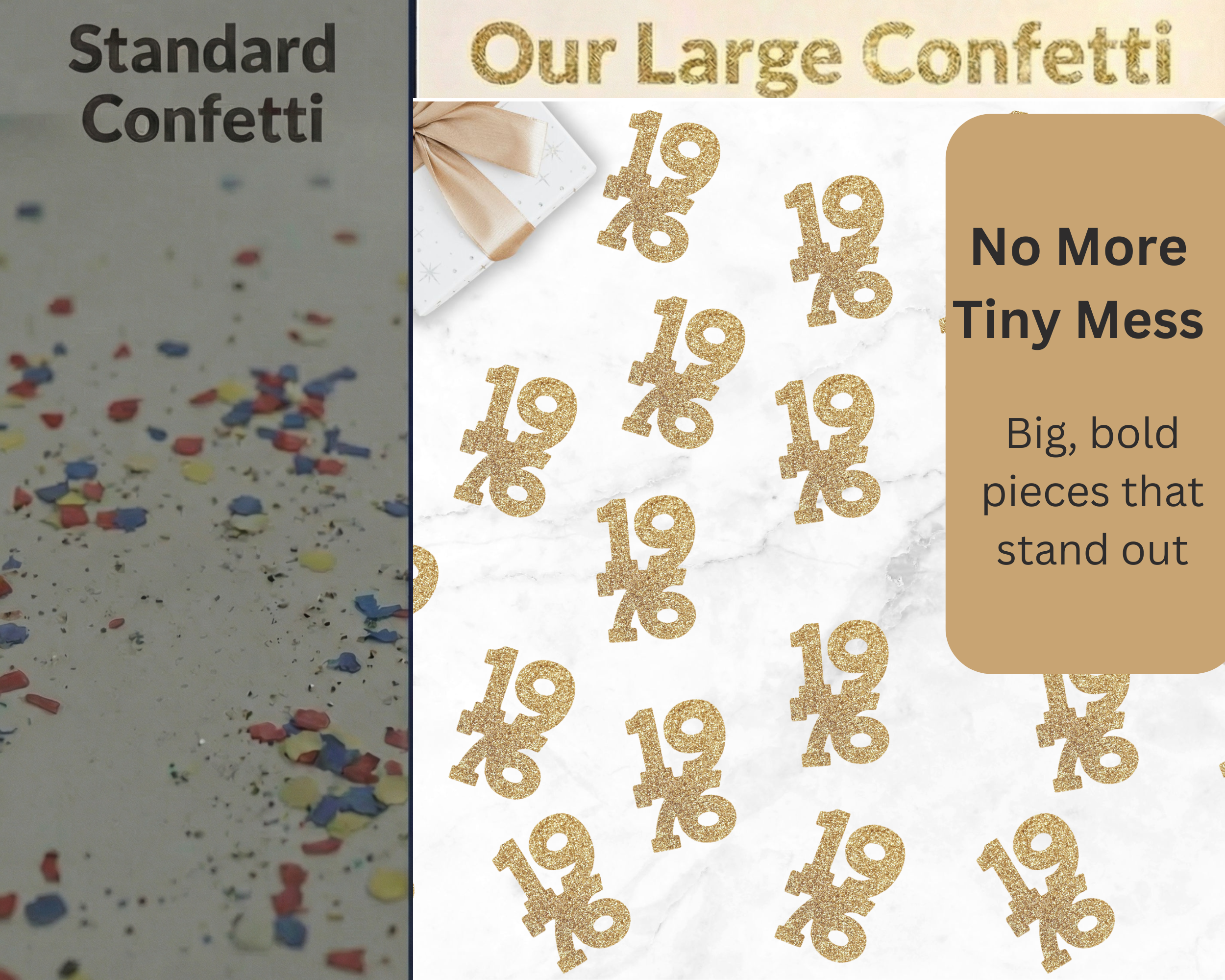 Comparison of 1976 reunion confetti versus generic confetti showing themed design