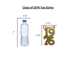 Class reunion 1976 tag sizing guide shown next to water bottle for scale
