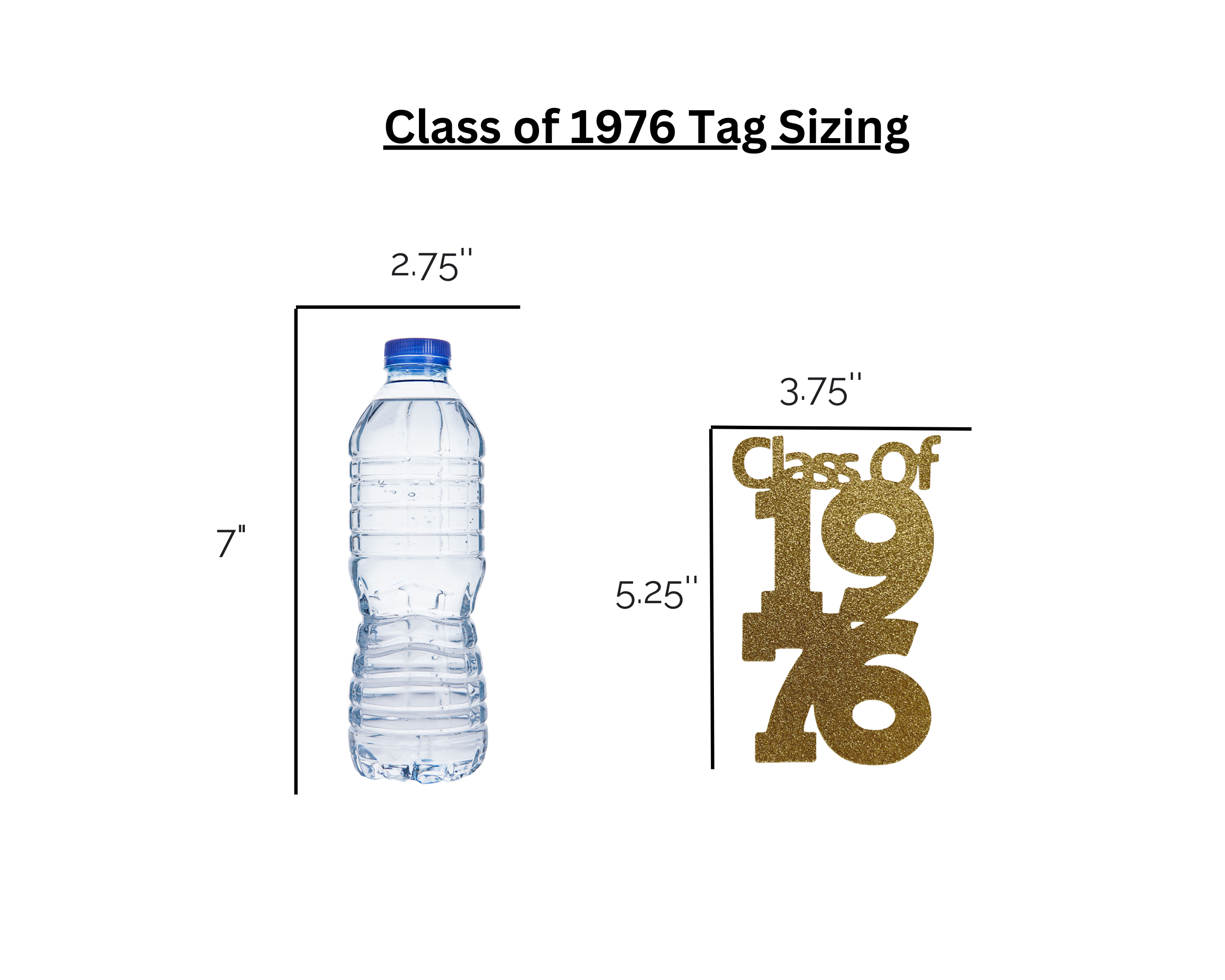 Class reunion 1976 tag sizing guide shown next to water bottle for scale