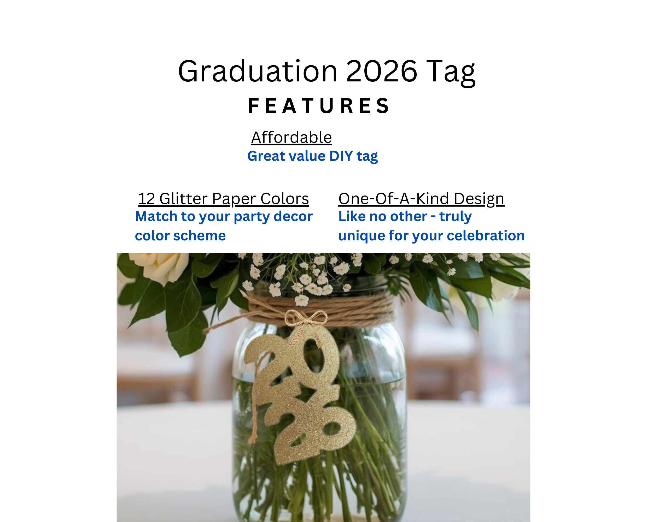 Graduation 2026 tag features including durable water-resistant design
