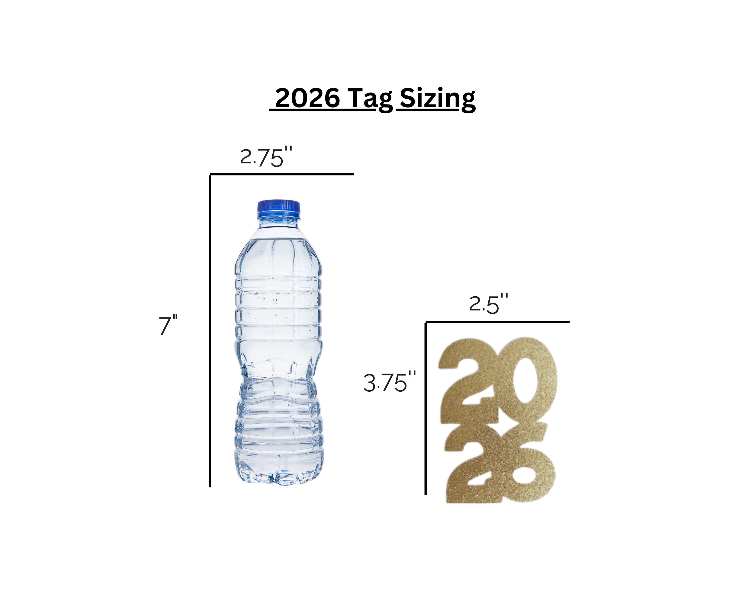 Graduation 2026 tag sizing guide shown next to water bottle for scale