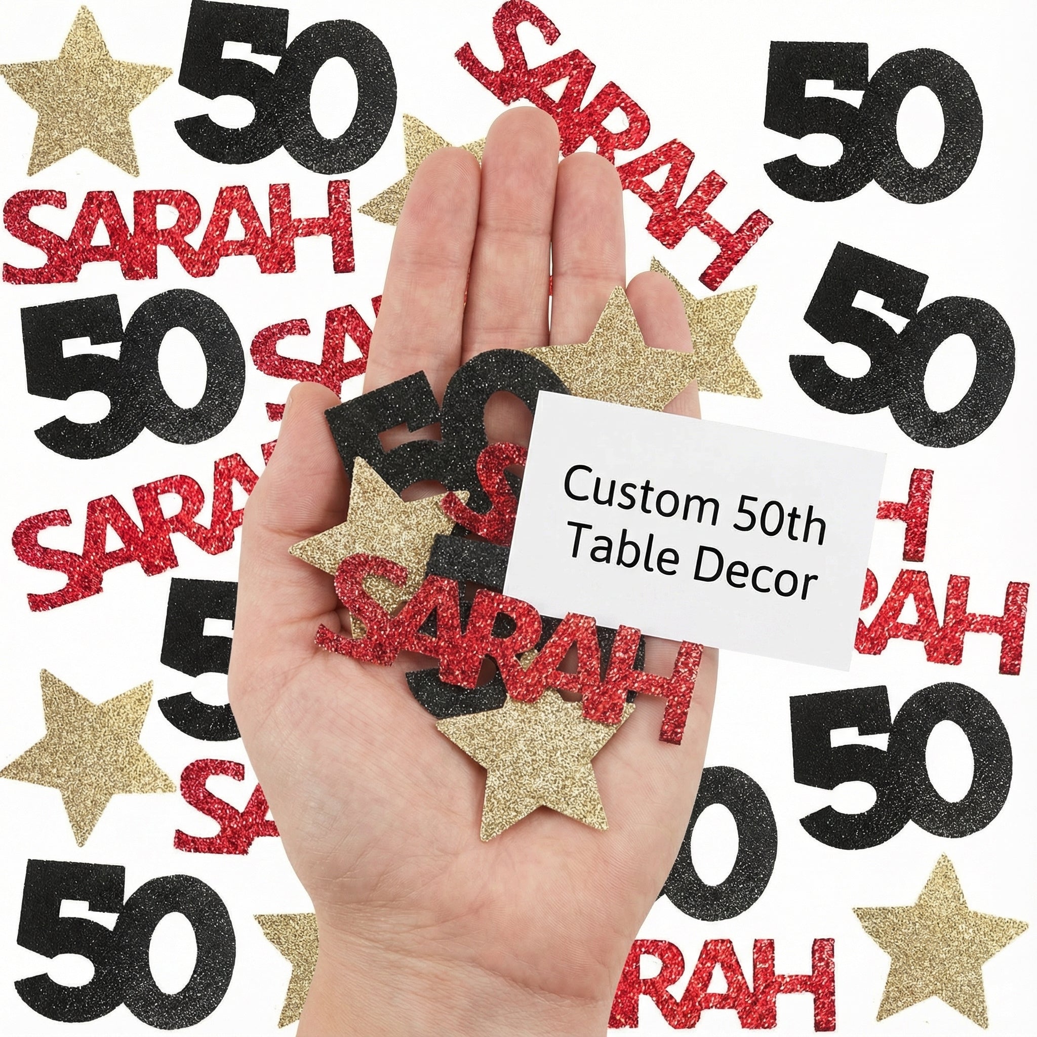 Hand holding personalized 50th birthday confetti showing scale and detail