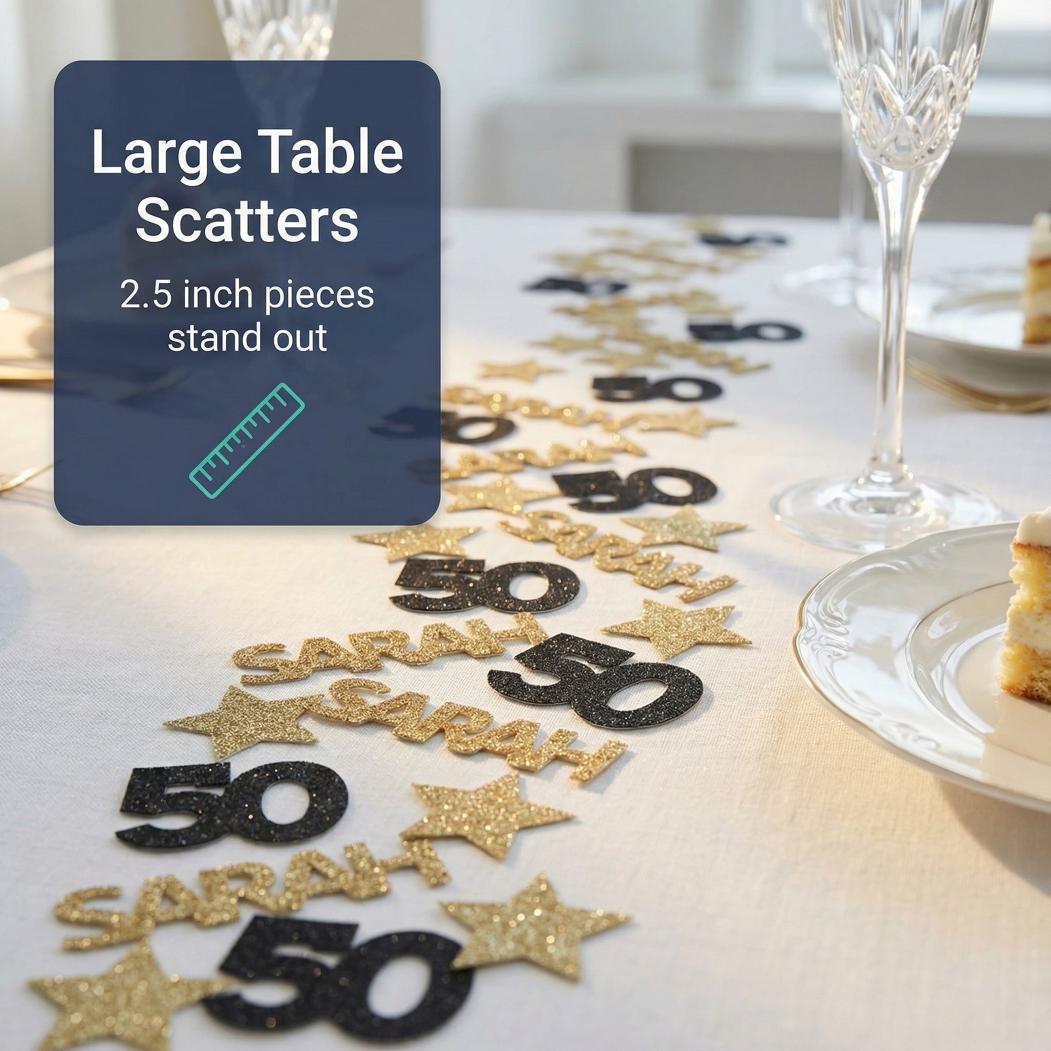Personalized 50th birthday confetti scattered on large party table display