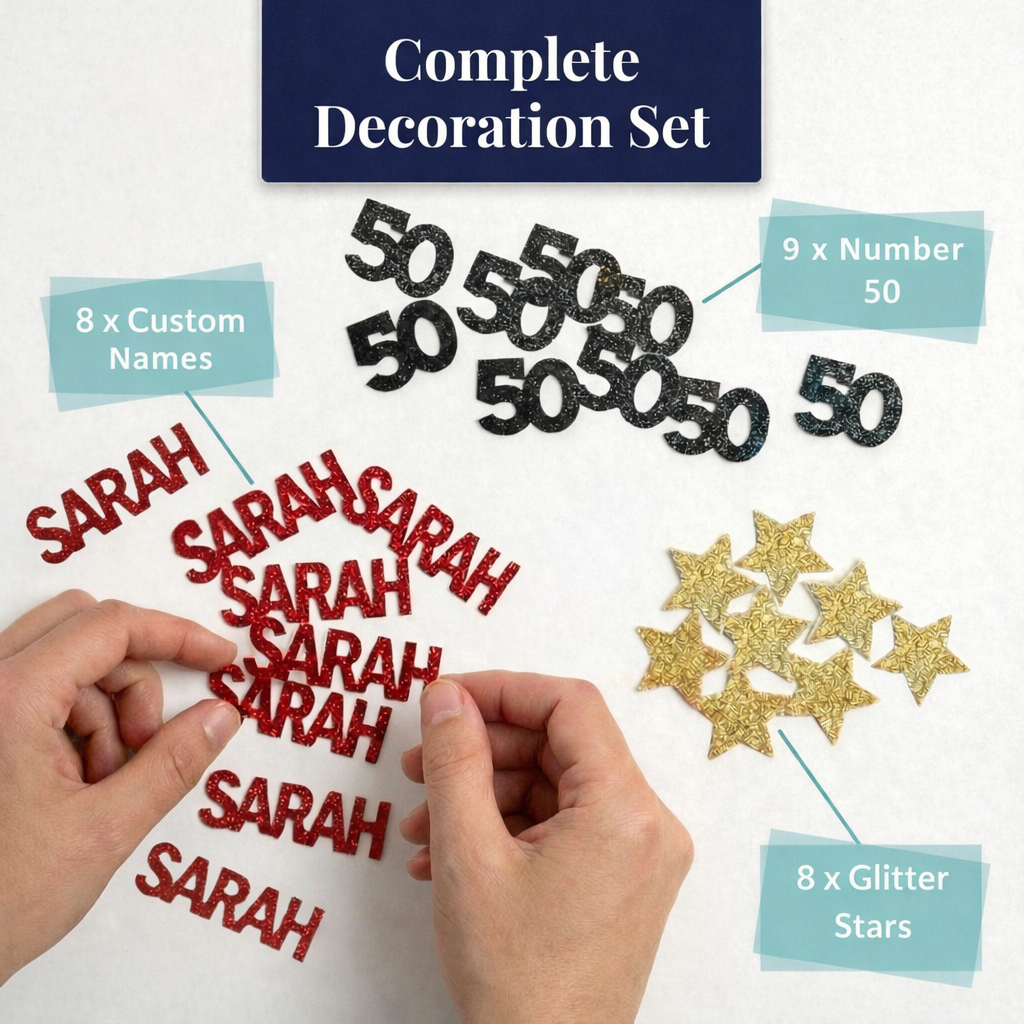 Complete set of personalized 50th birthday name confetti pieces for party decor
