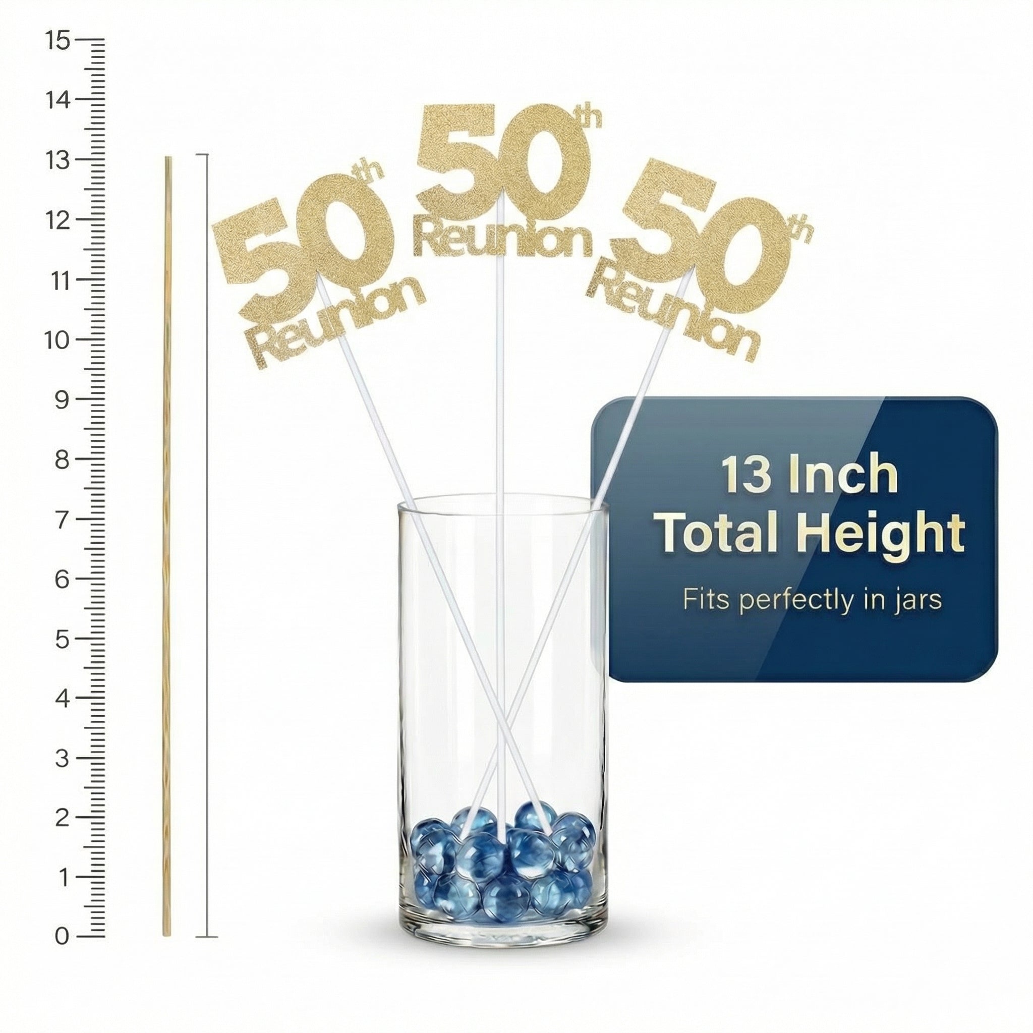 50th reunion centerpiece sticks displayed in decorative jars for party tables