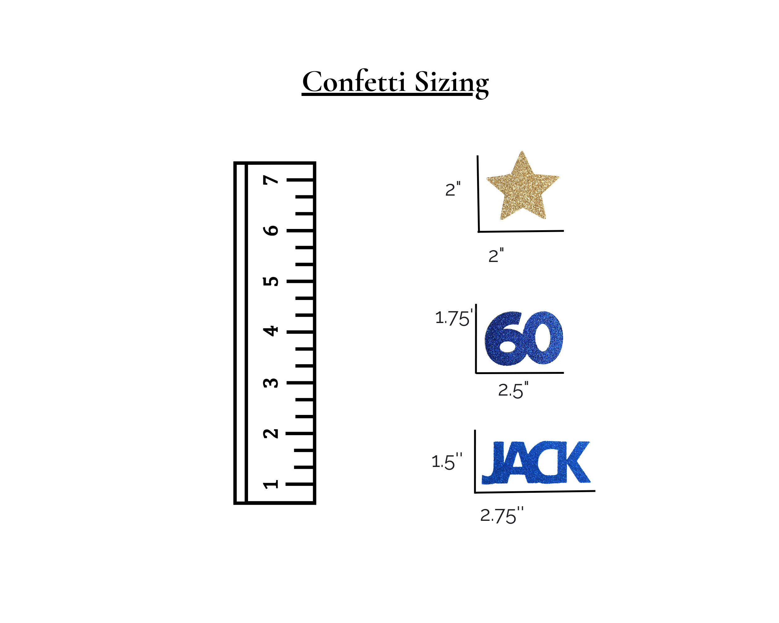 60th birthday confetti sizing guide showing different confetti piece sizes