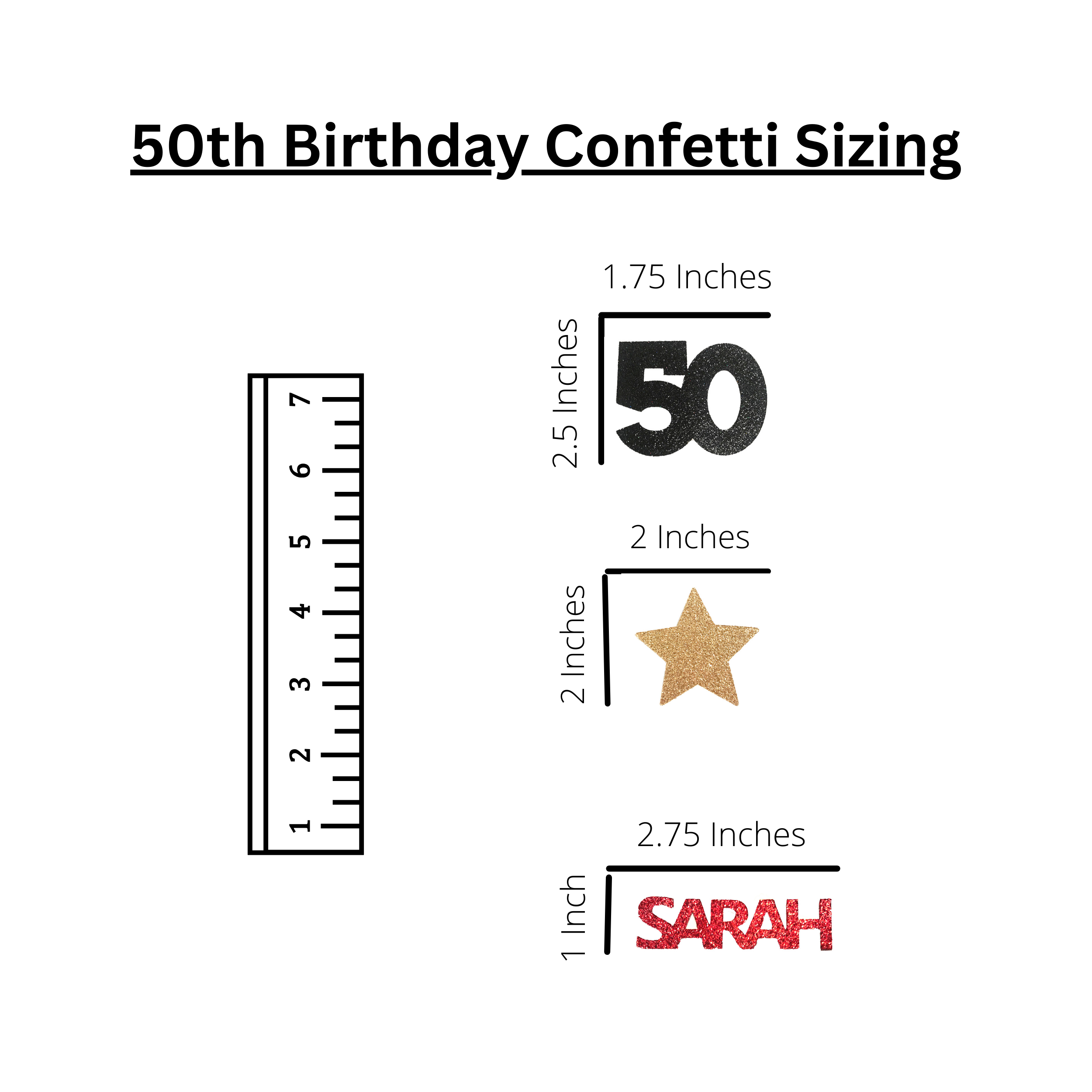 Personalized 50th birthday confetti sizing guide for party planning