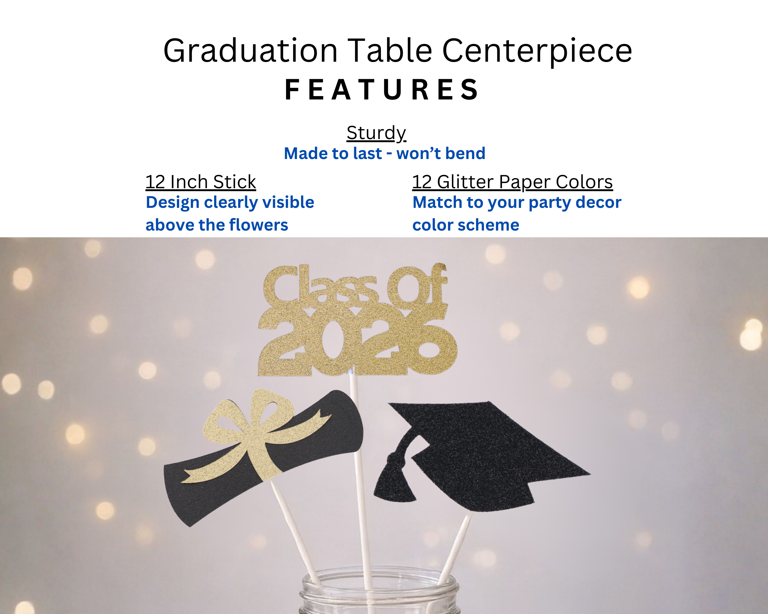 Close-up of graduation centerpiece stick features including premium cardstock print