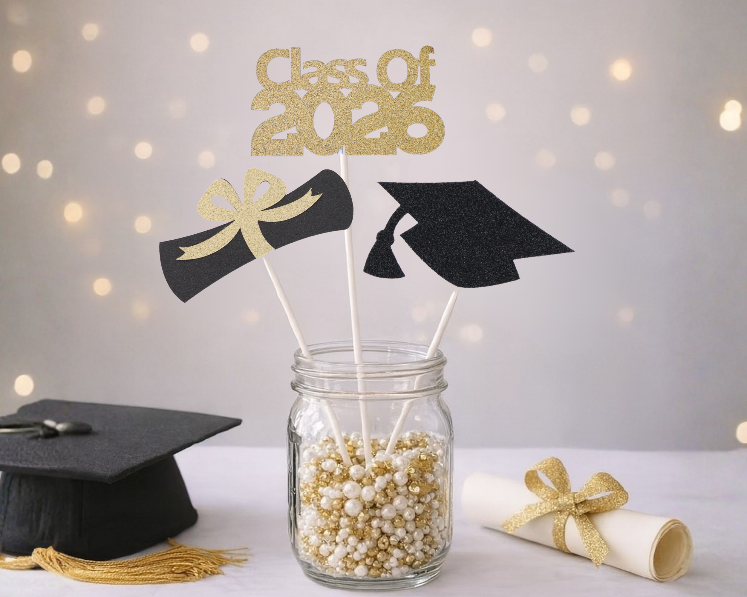 Graduation centerpiece stick with cap and diploma design for grad party table decor