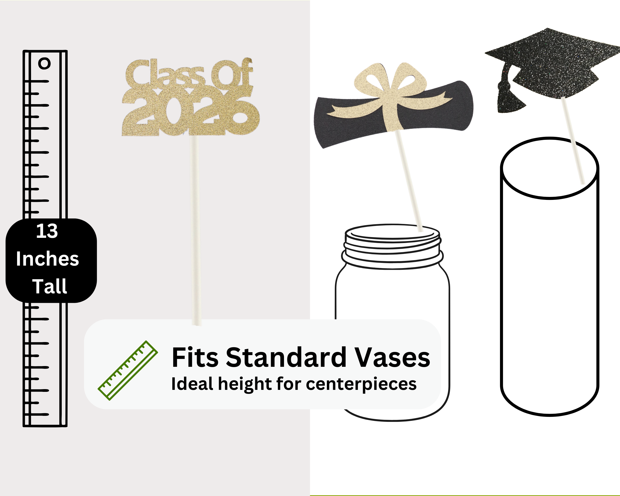 Graduation centerpiece stick sizing guide shown in a decorative jar