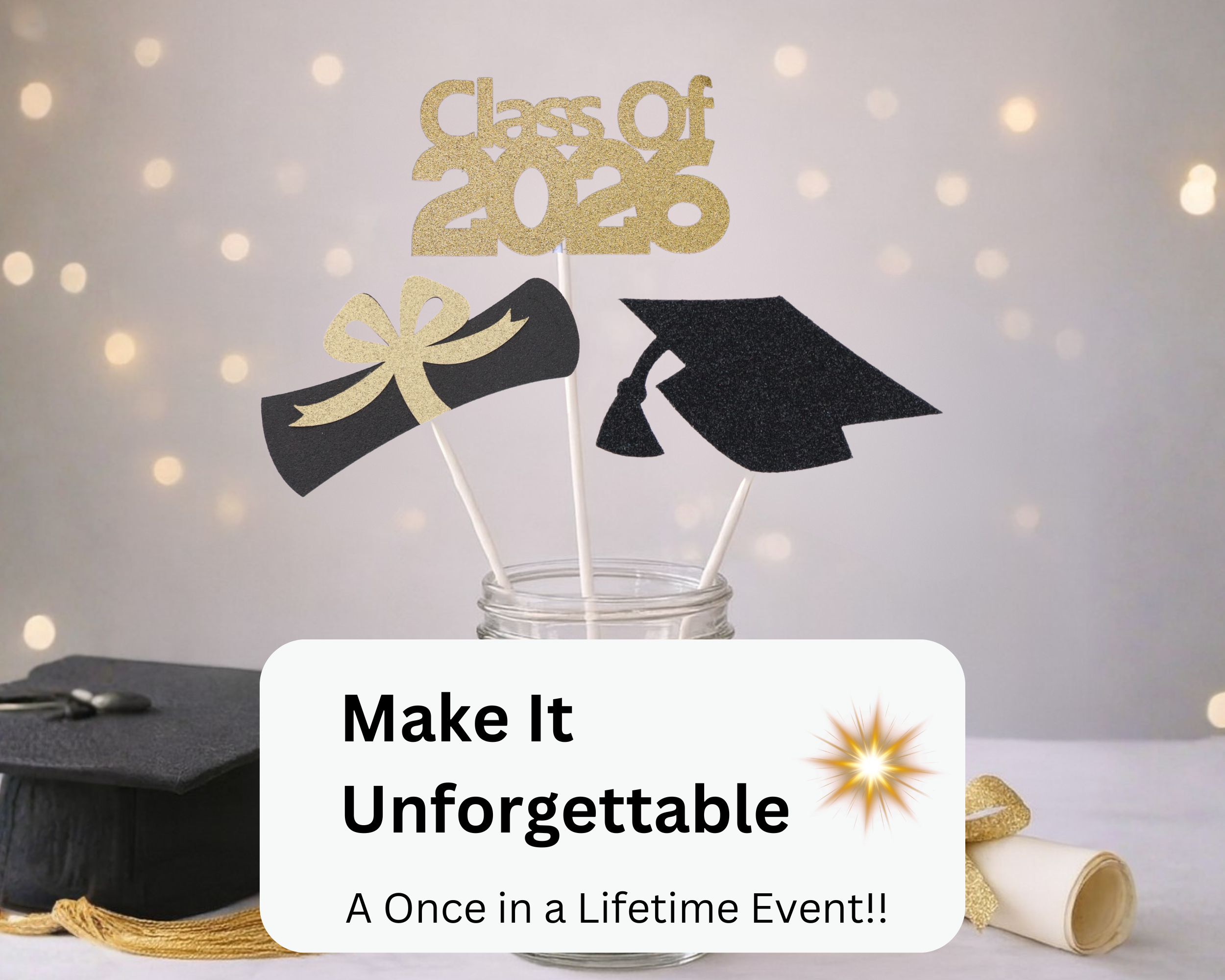 Unforgettable graduation party table decorated with centerpiece sticks