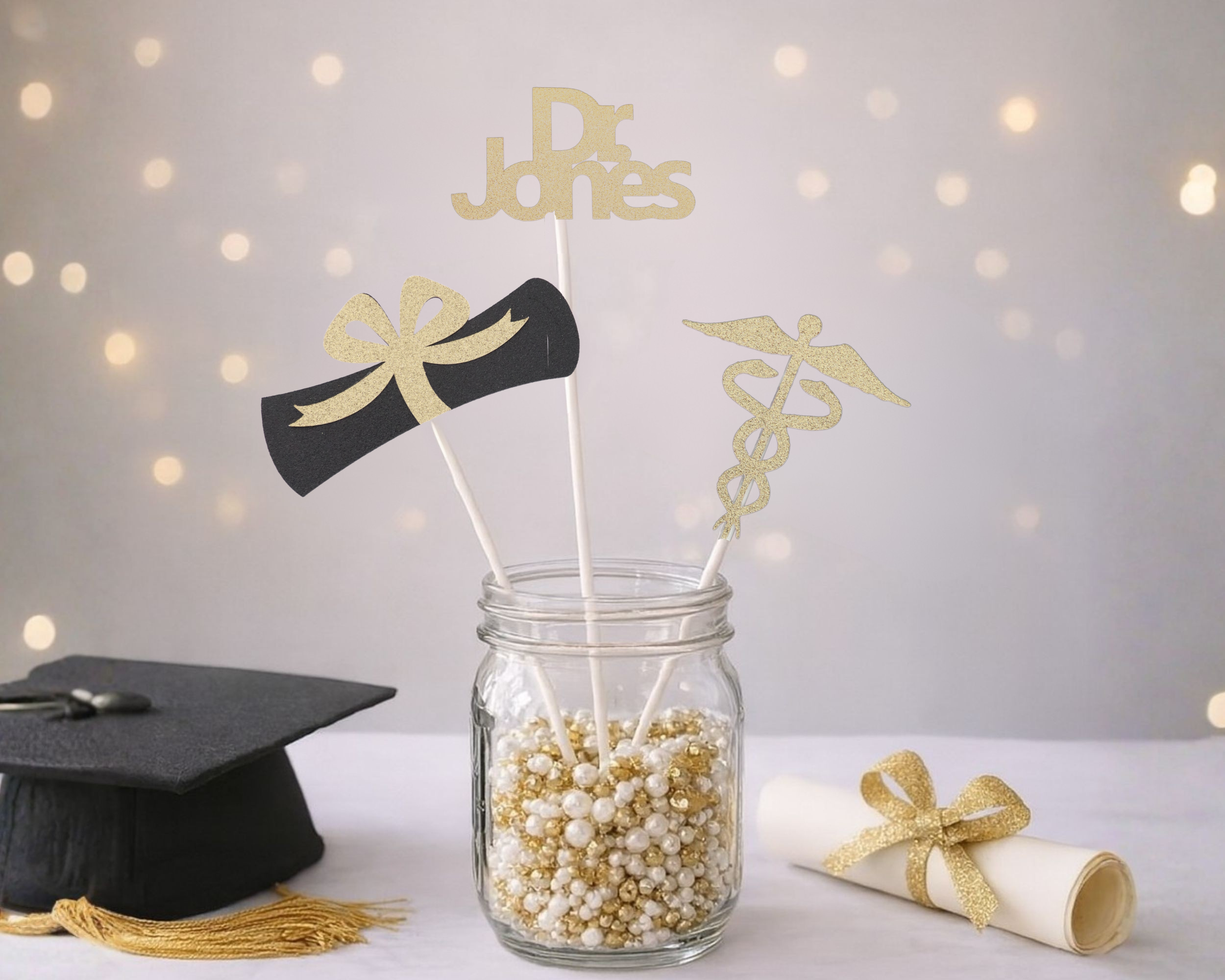 DR centerpiece stick set for doctor and doctorate graduation party table decor