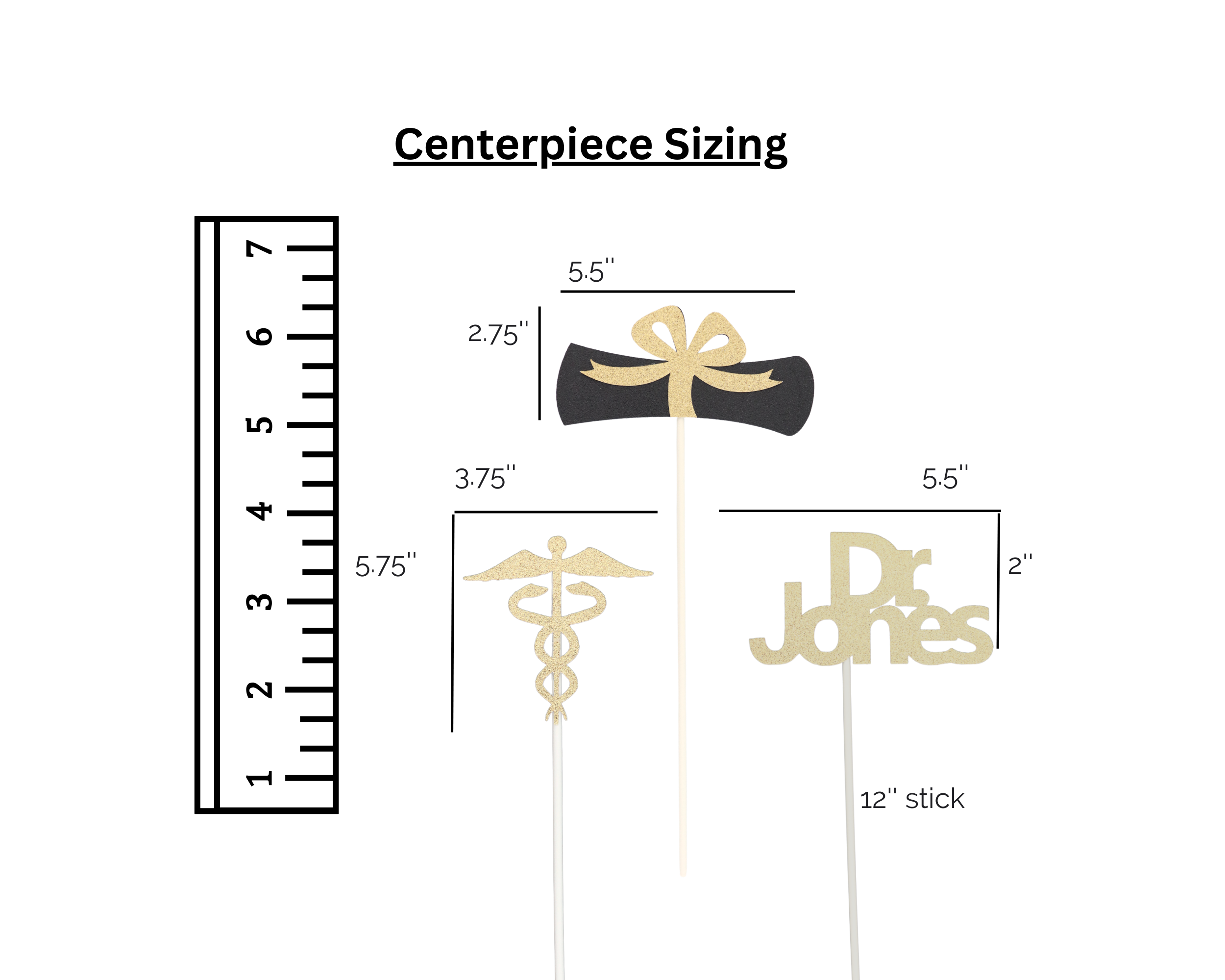 DR centerpiece stick set sizing guide for graduation party planning