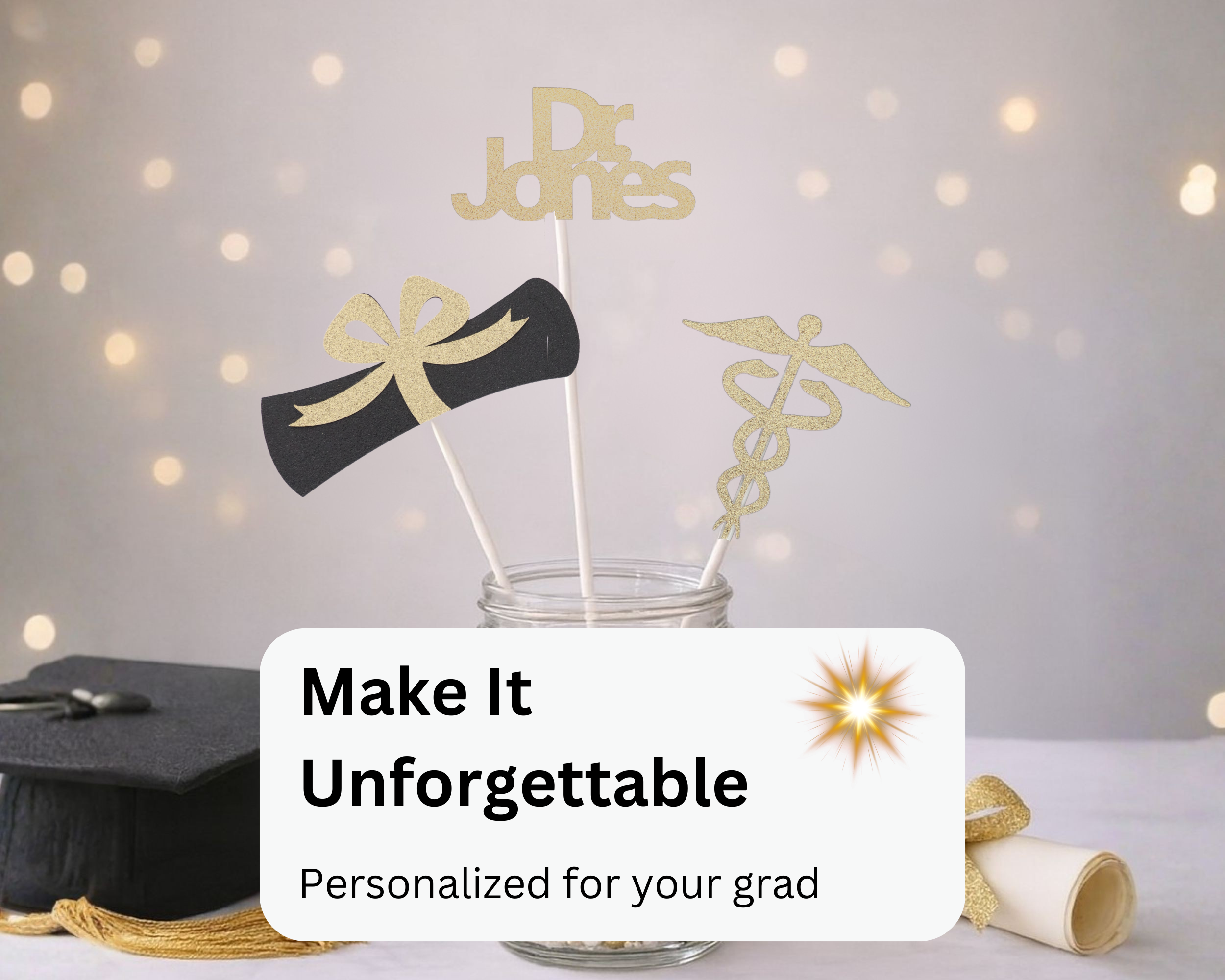 Unforgettable doctor graduation party display using DR centerpiece stick set