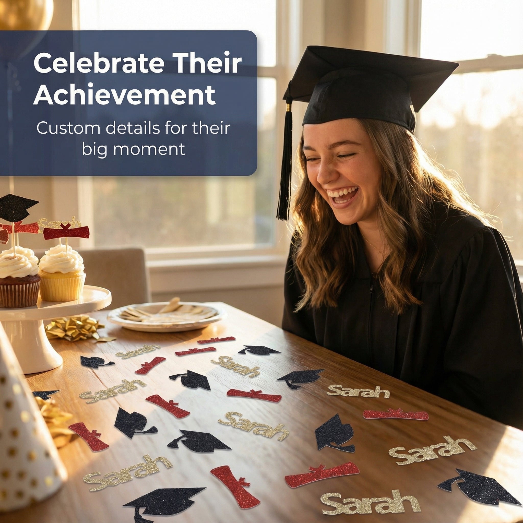Graduation confetti celebrating student achievement with cap and diploma shapes