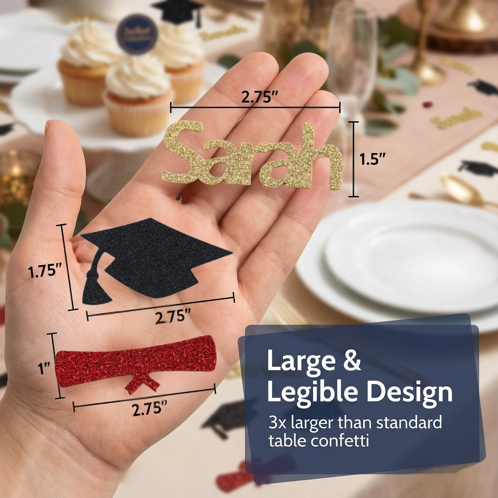 Graduation confetti sizing guide showing different confetti piece sizes