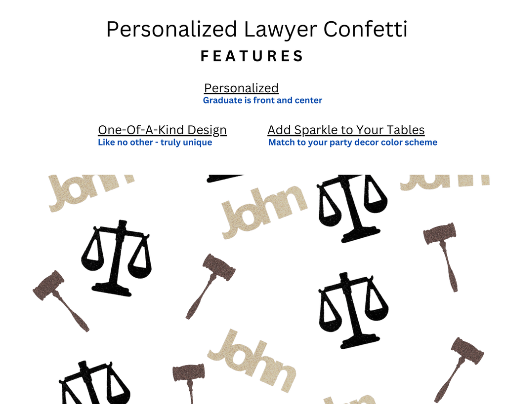 Features of law school lawyer graduation confetti from ZeeBestCelebrations