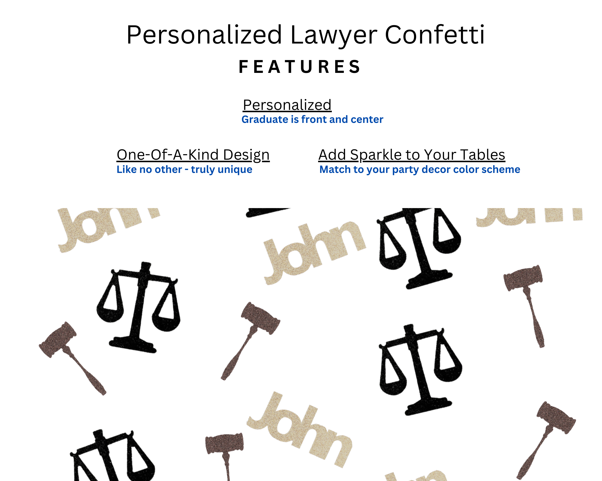 Features of law school lawyer graduation confetti from ZeeBestCelebrations