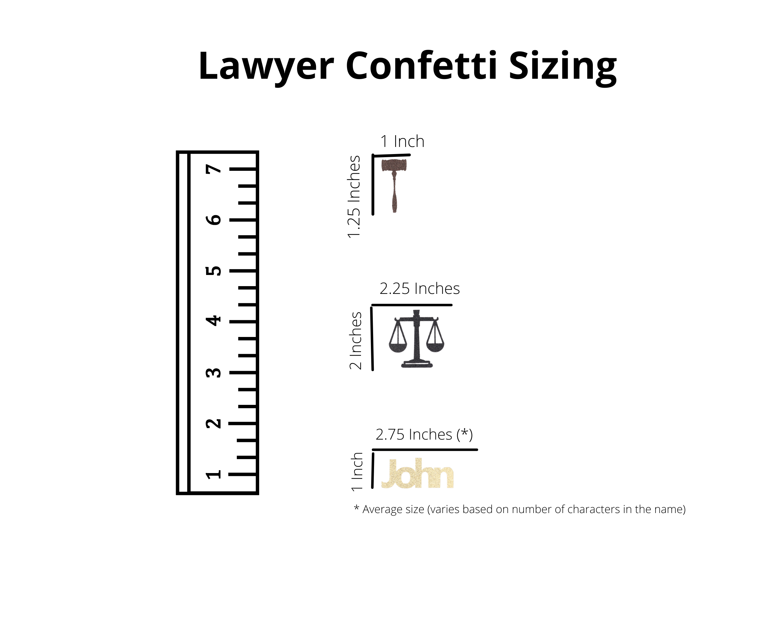 Law school confetti sizing guide showing different confetti piece sizes