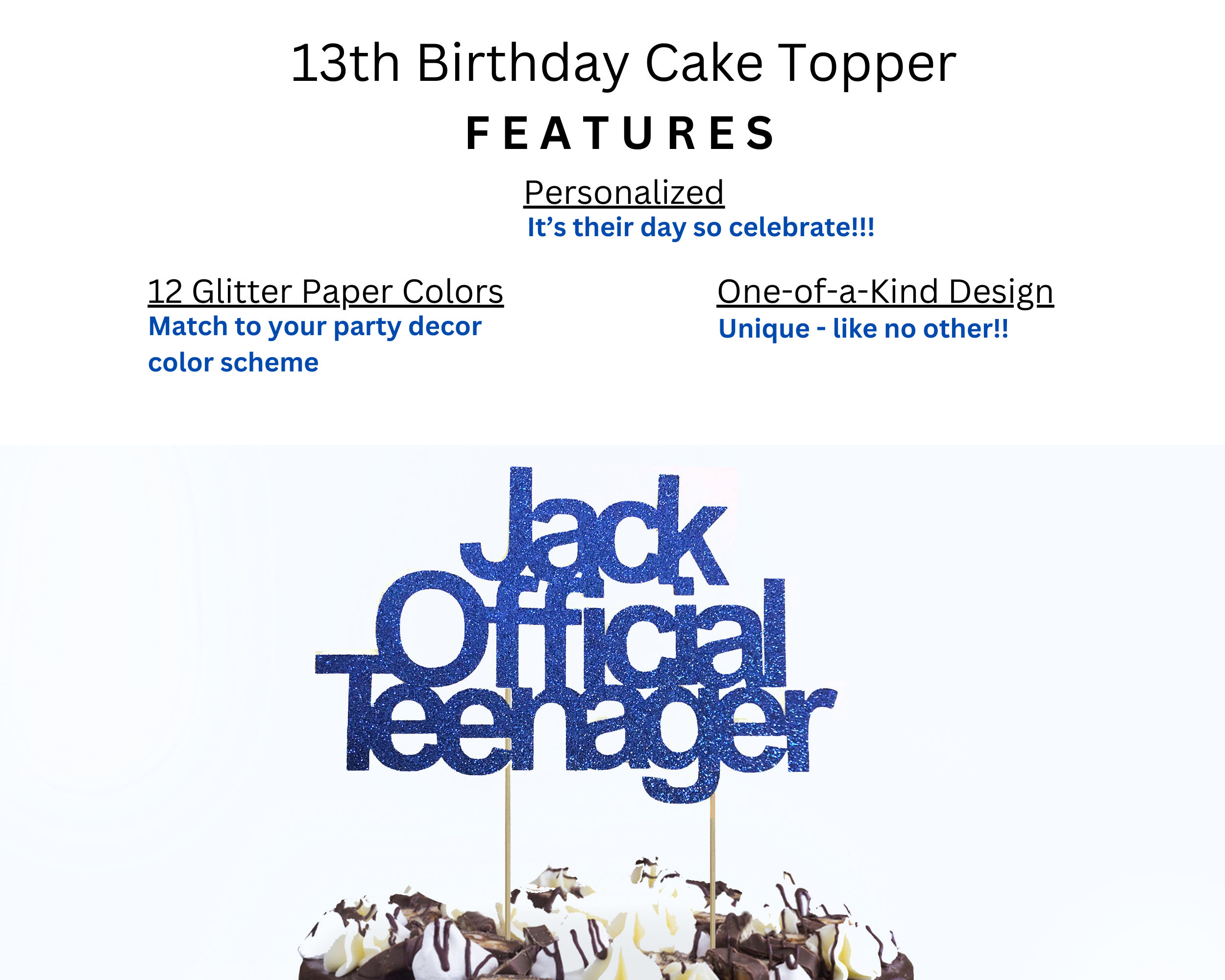 Features of 13th birthday cake topper including premium cardstock and vibrant design