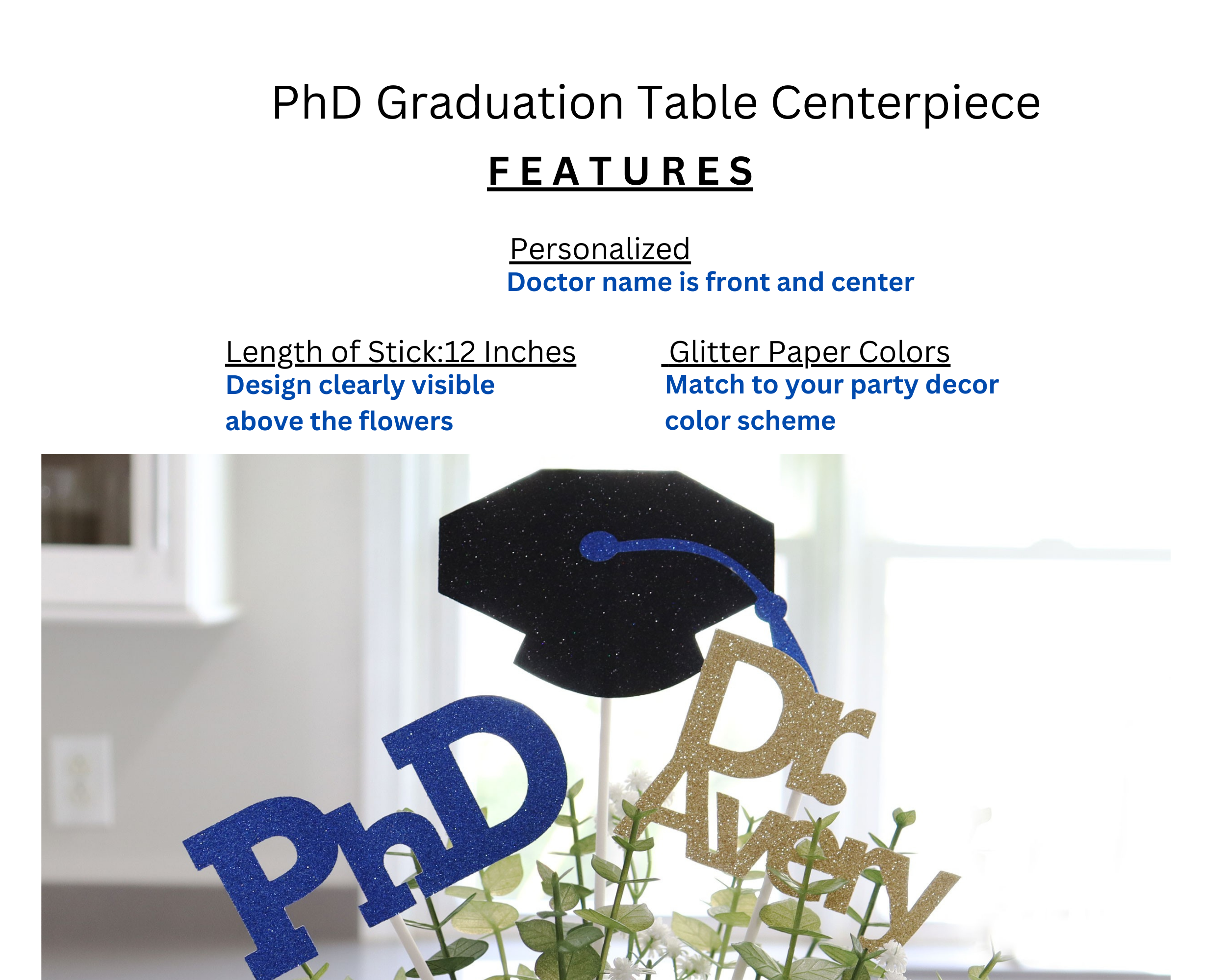 Features of PhD centerpiece stick set including premium cardstock quality