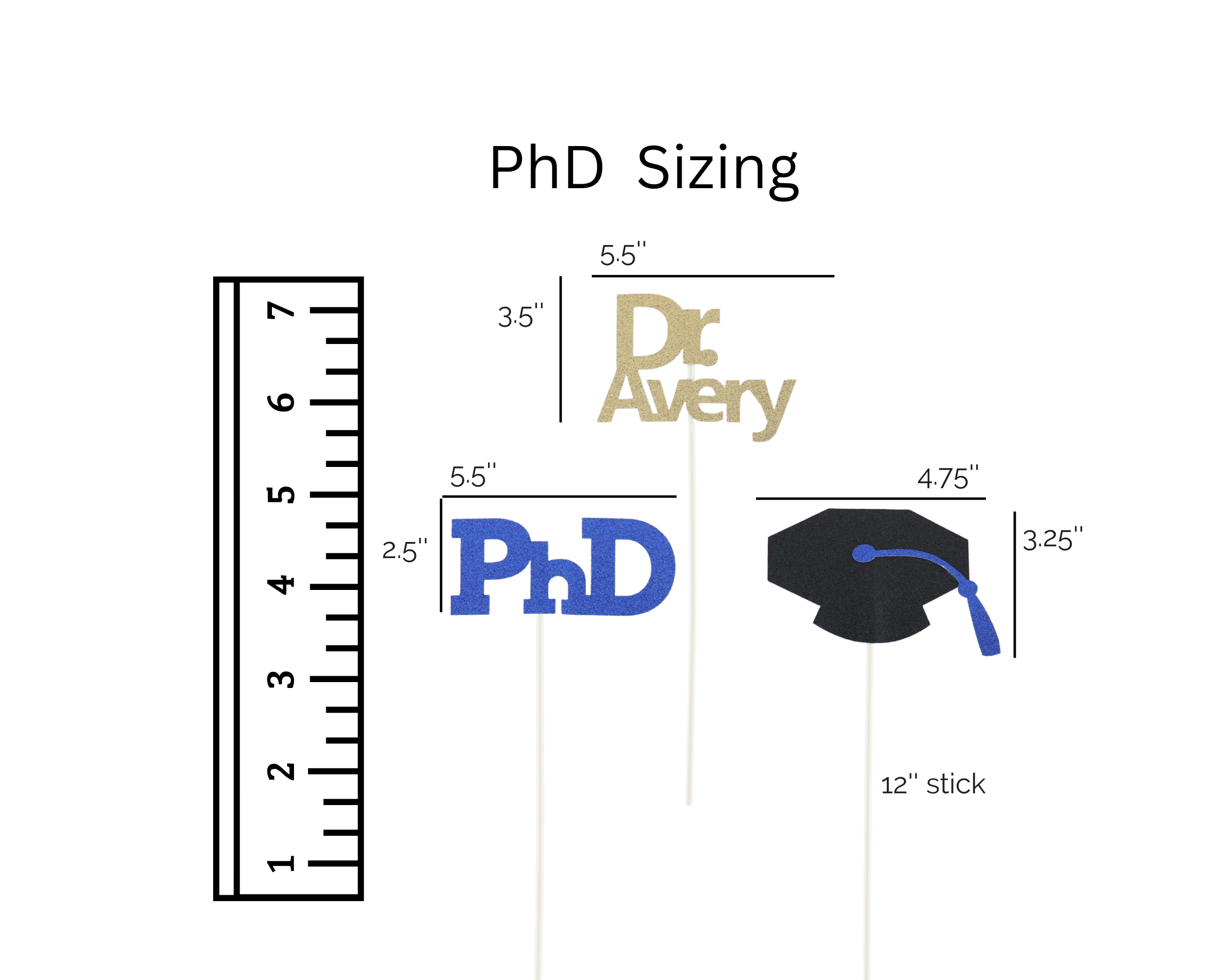 PhD centerpiece stick set sizing guide for graduation party planning