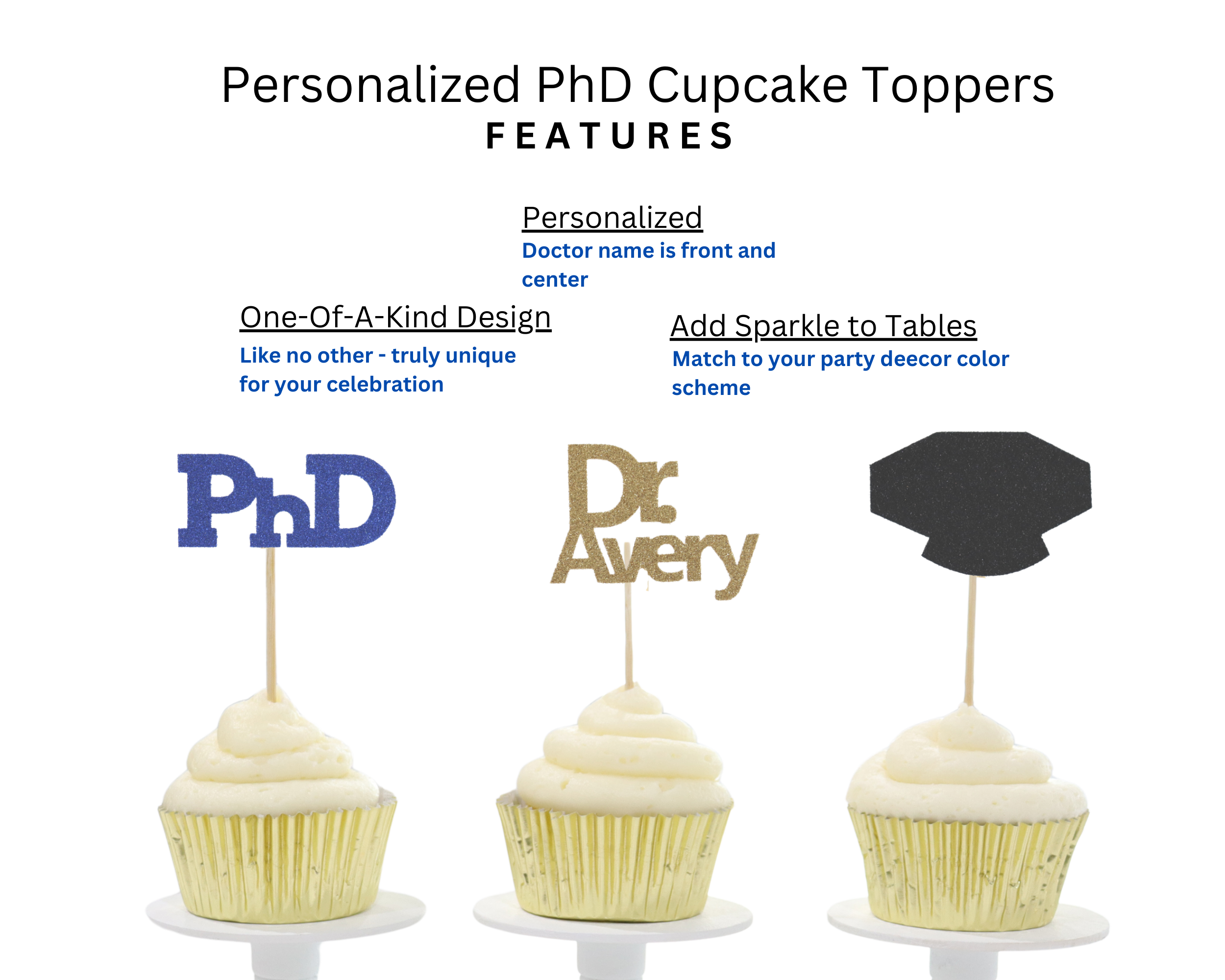 Features of PhD custom name cupcake toppers including premium cardstock print
