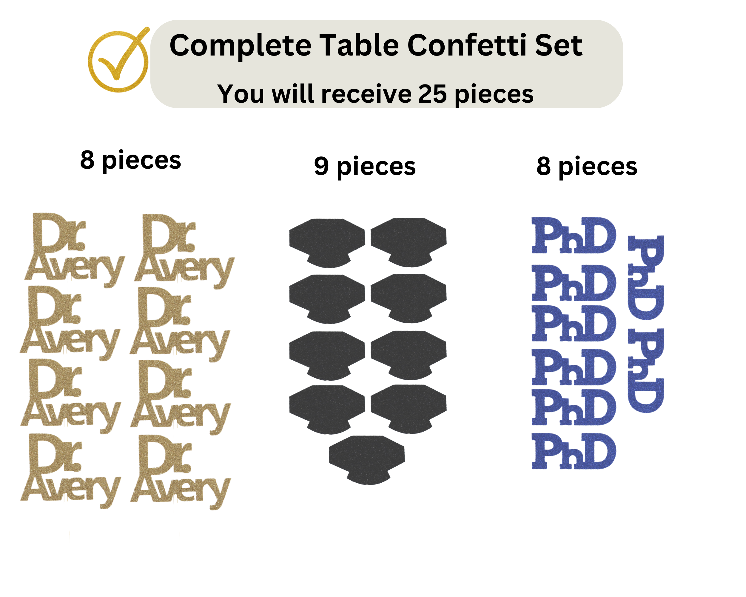 Complete set of PhD name confetti pieces including caps and diploma shapes