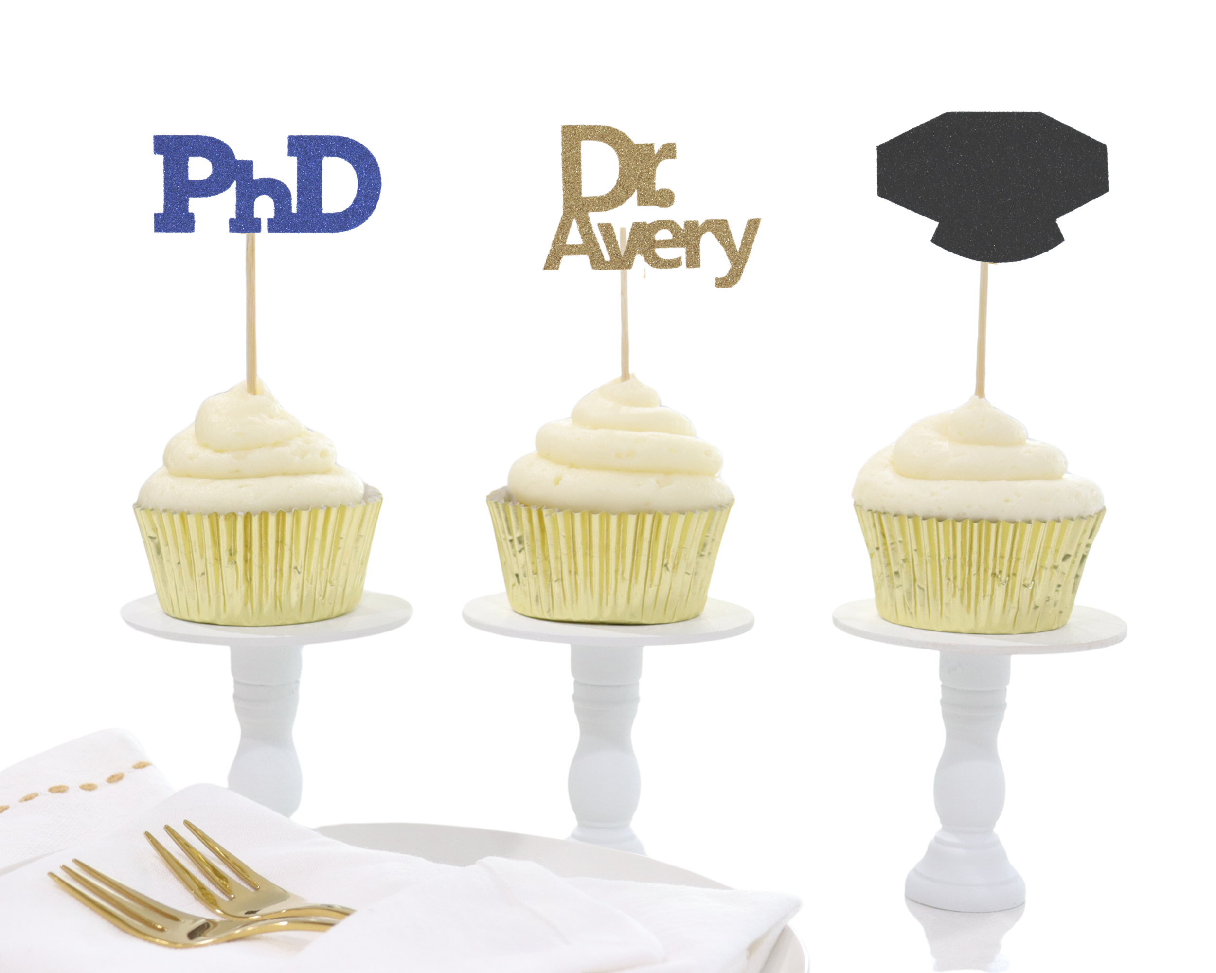 PhD custom name cupcake toppers personalized for doctorate graduation party dessert table