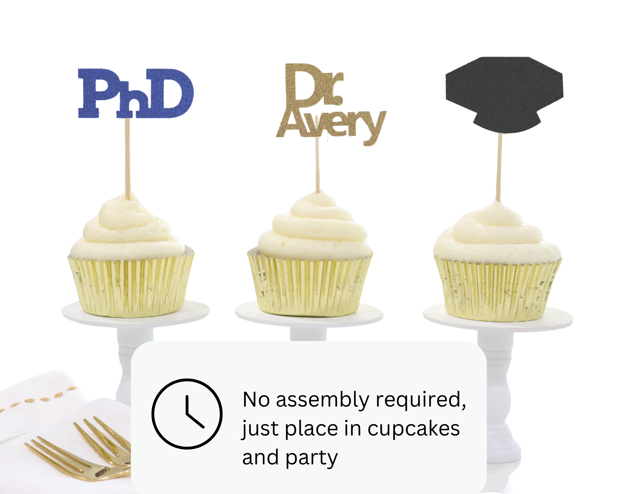 Personalized PhD graduation cupcake toppers ready to insert in seconds