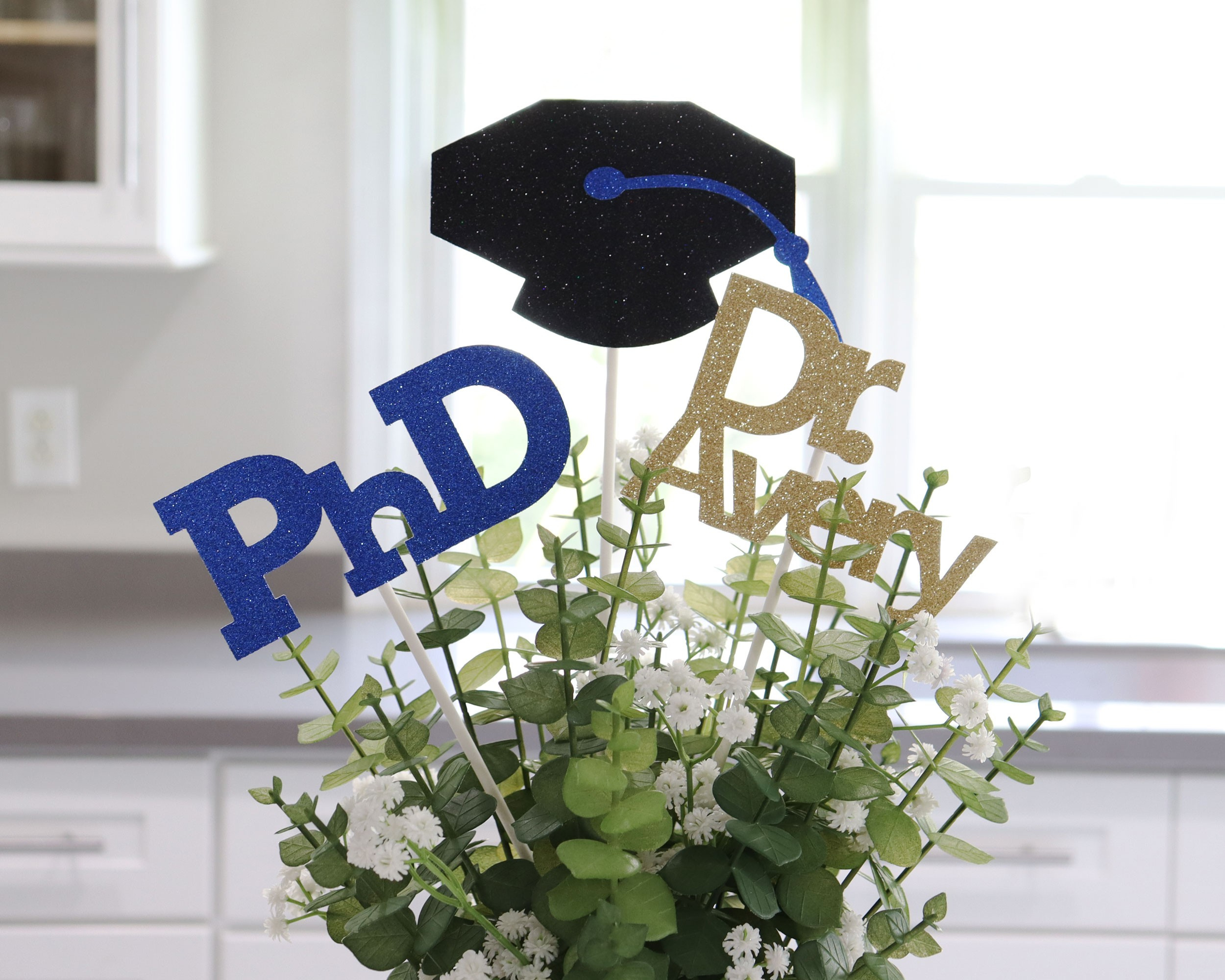 PhD centerpiece stick set for doctorate graduation party table decor display