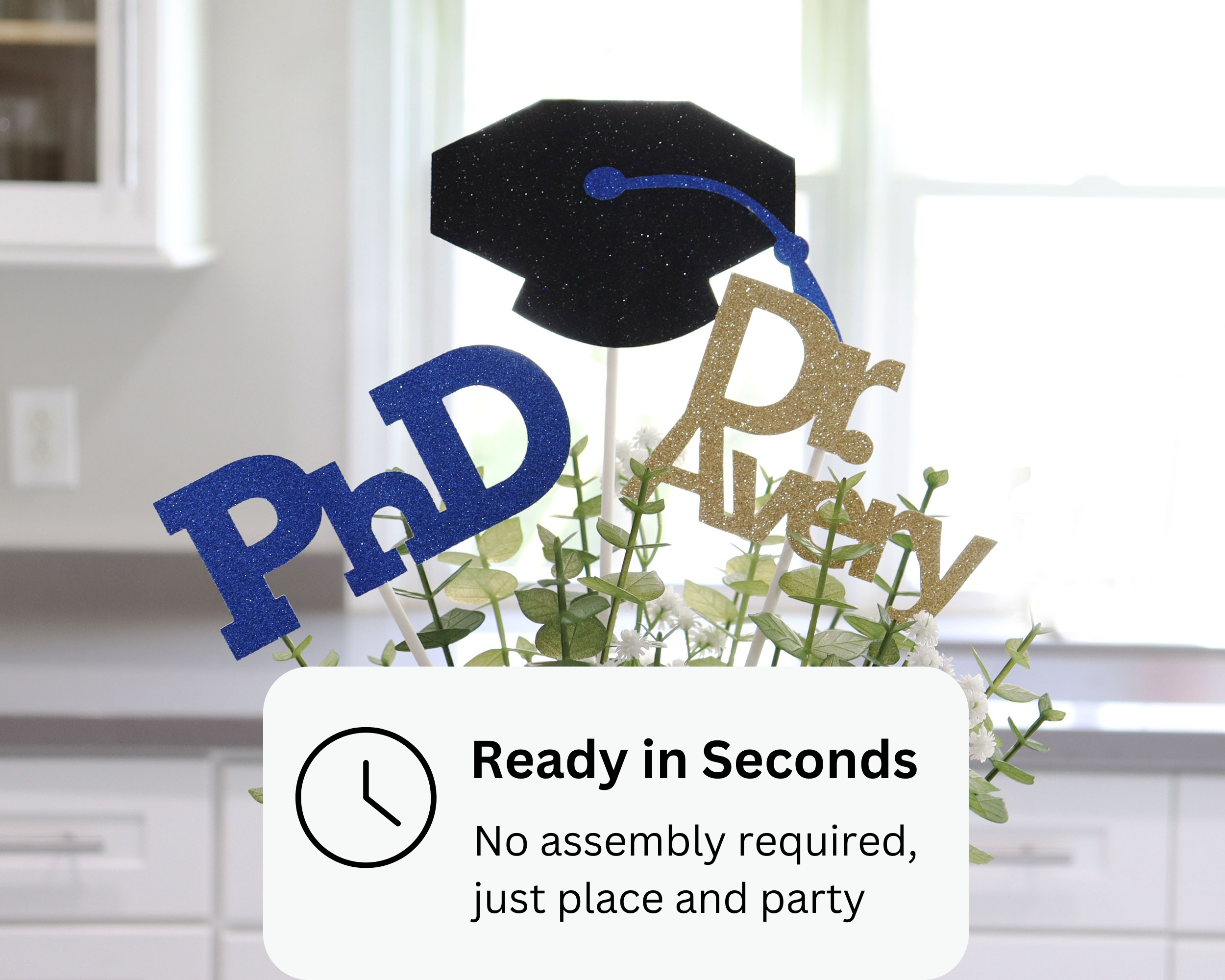 PhD graduation centerpiece sticks ready to display in seconds