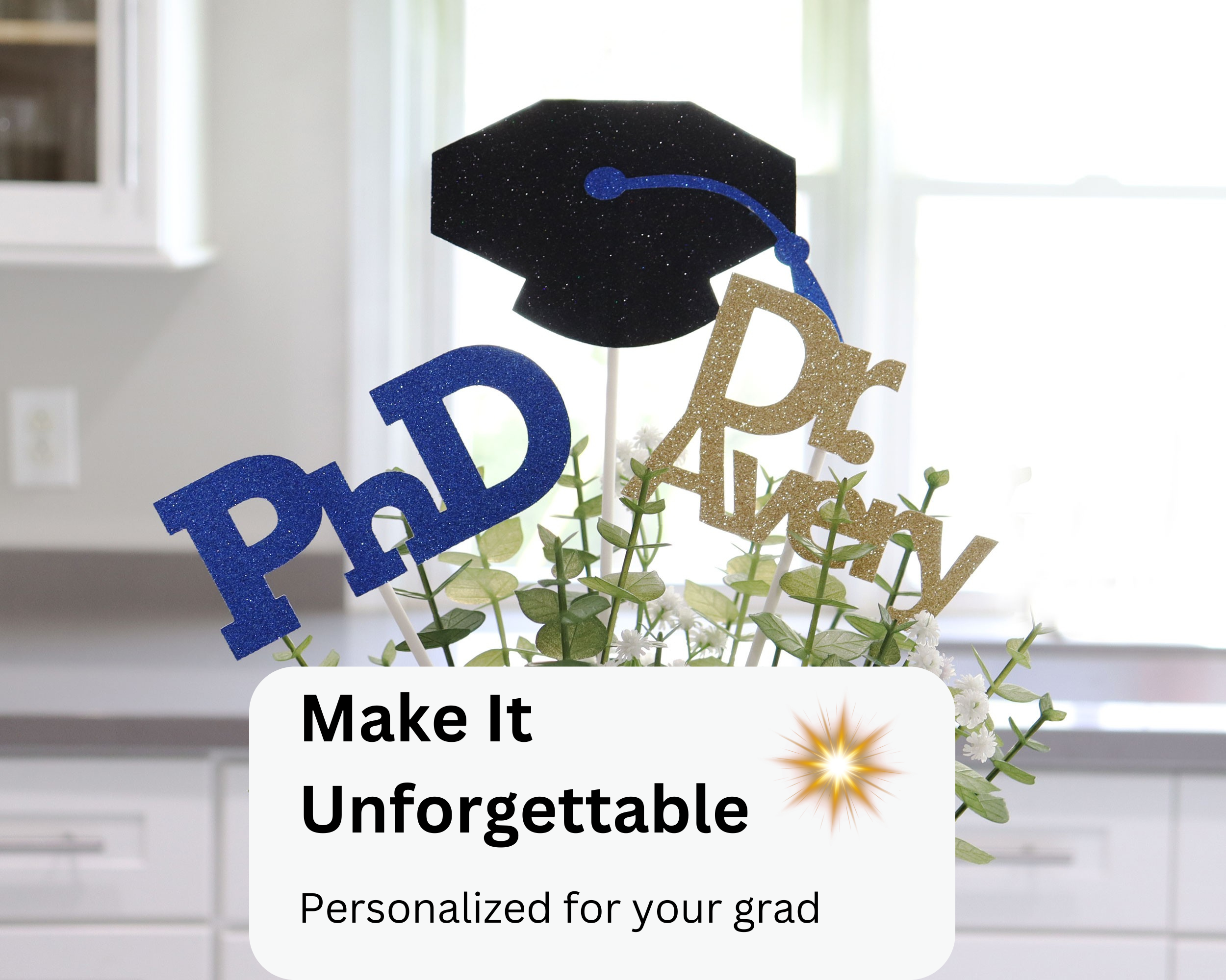 Unforgettable PhD graduation party setup using centerpiece stick set in vase
