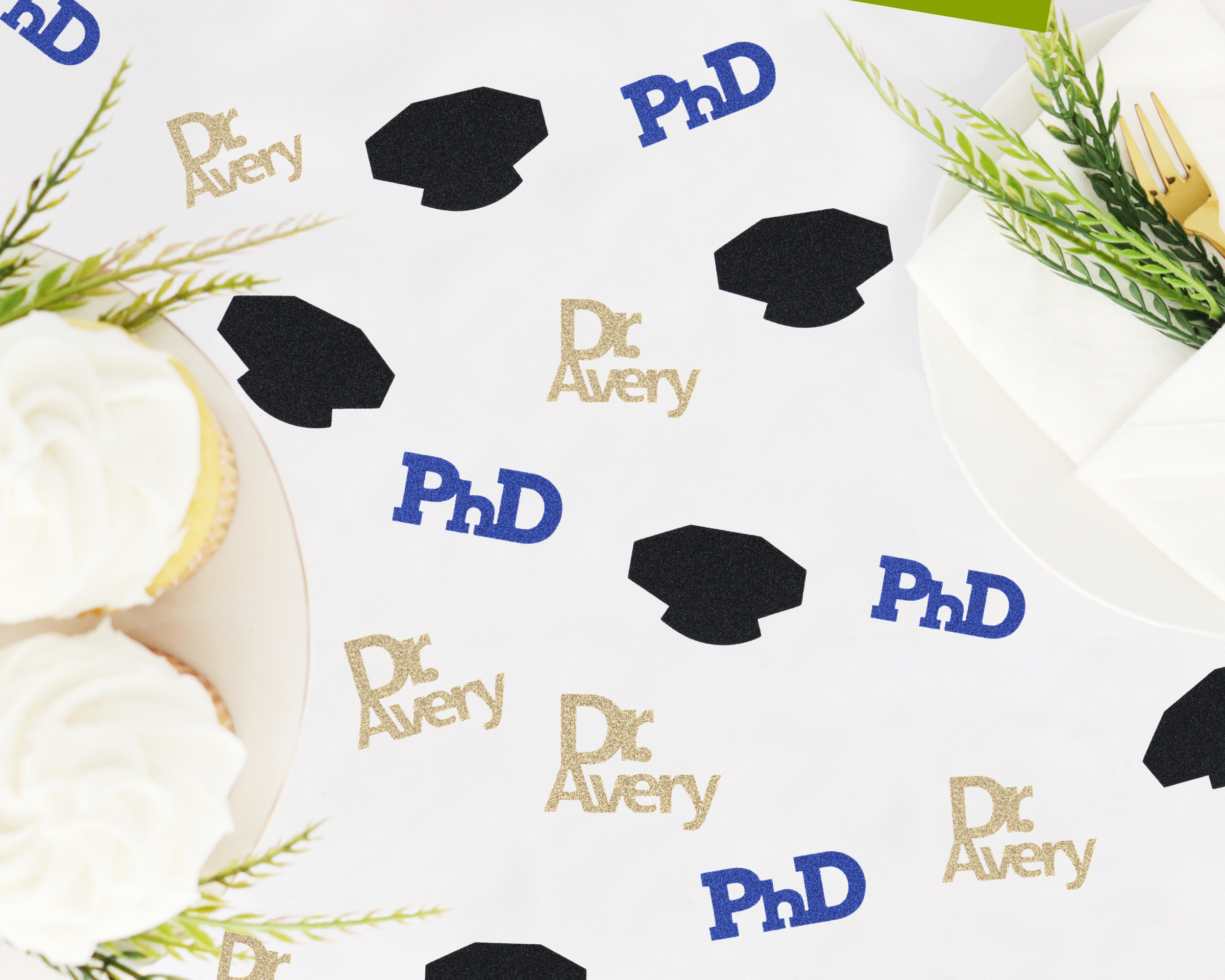 PhD custom name confetti with cap design for doctorate graduation party scatter decor