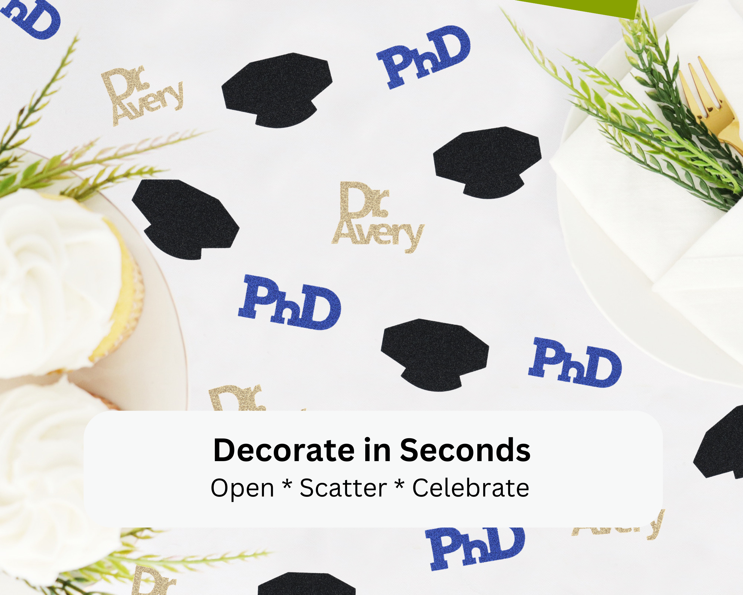 Personalized PhD graduation confetti ready to use in seconds for party decorating