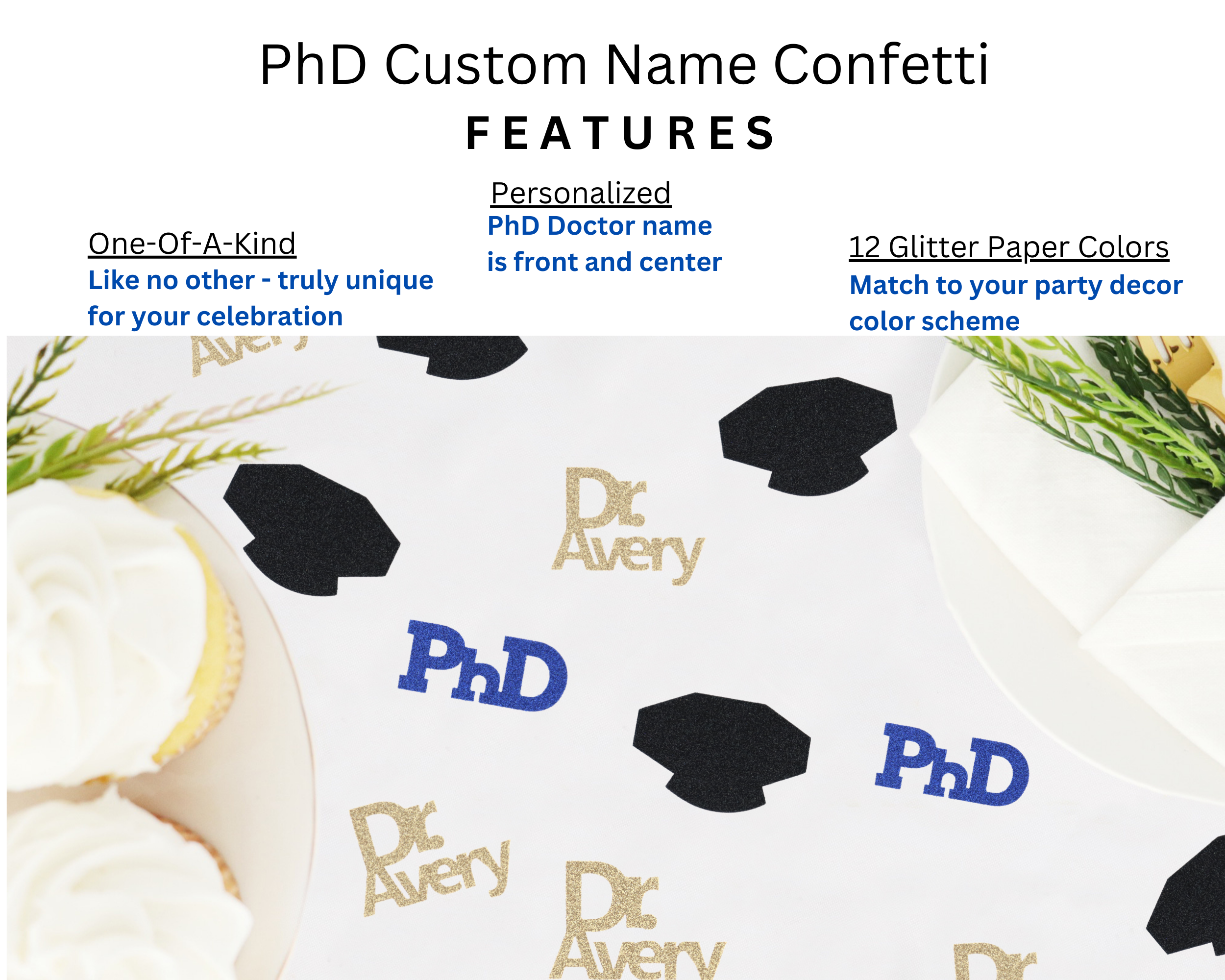 Features of PhD custom name confetti from ZeeBestCelebrations
