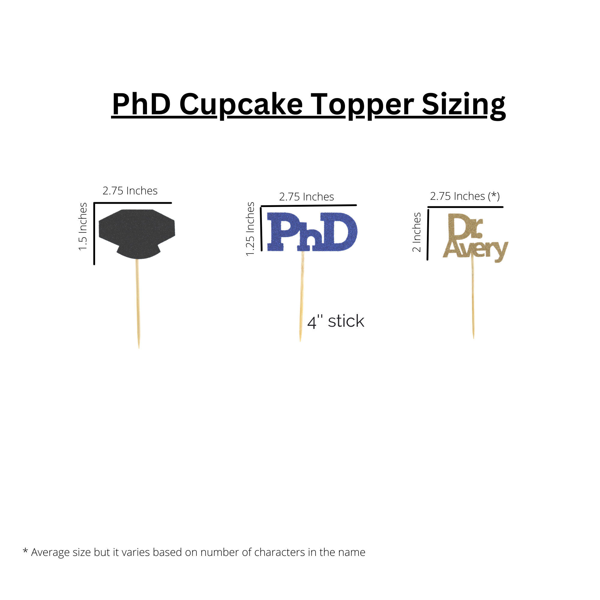 PhD custom name cupcake topper sizing guide for party planning
