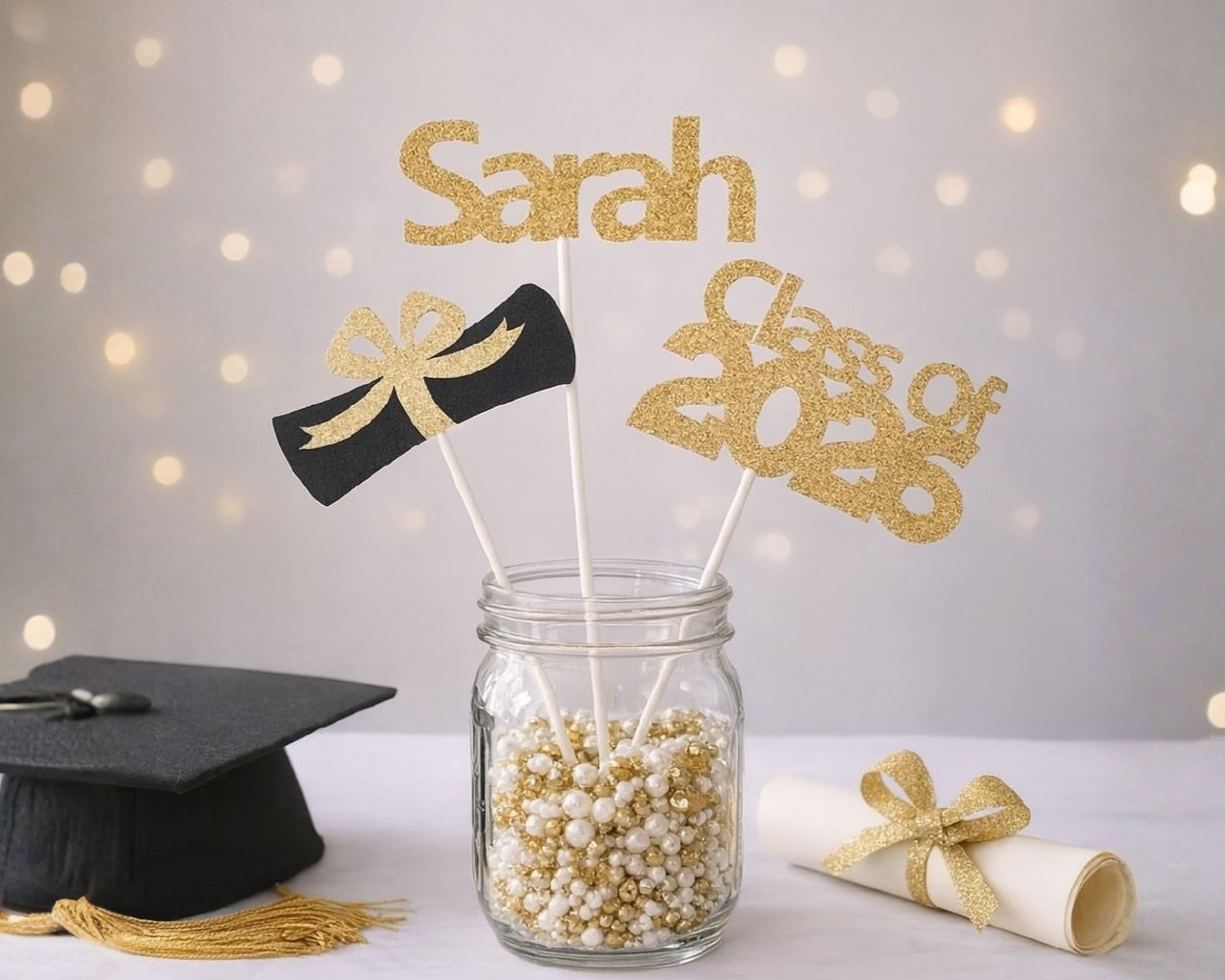 Personalized graduation centerpiece stick with custom name for grad party table decor
