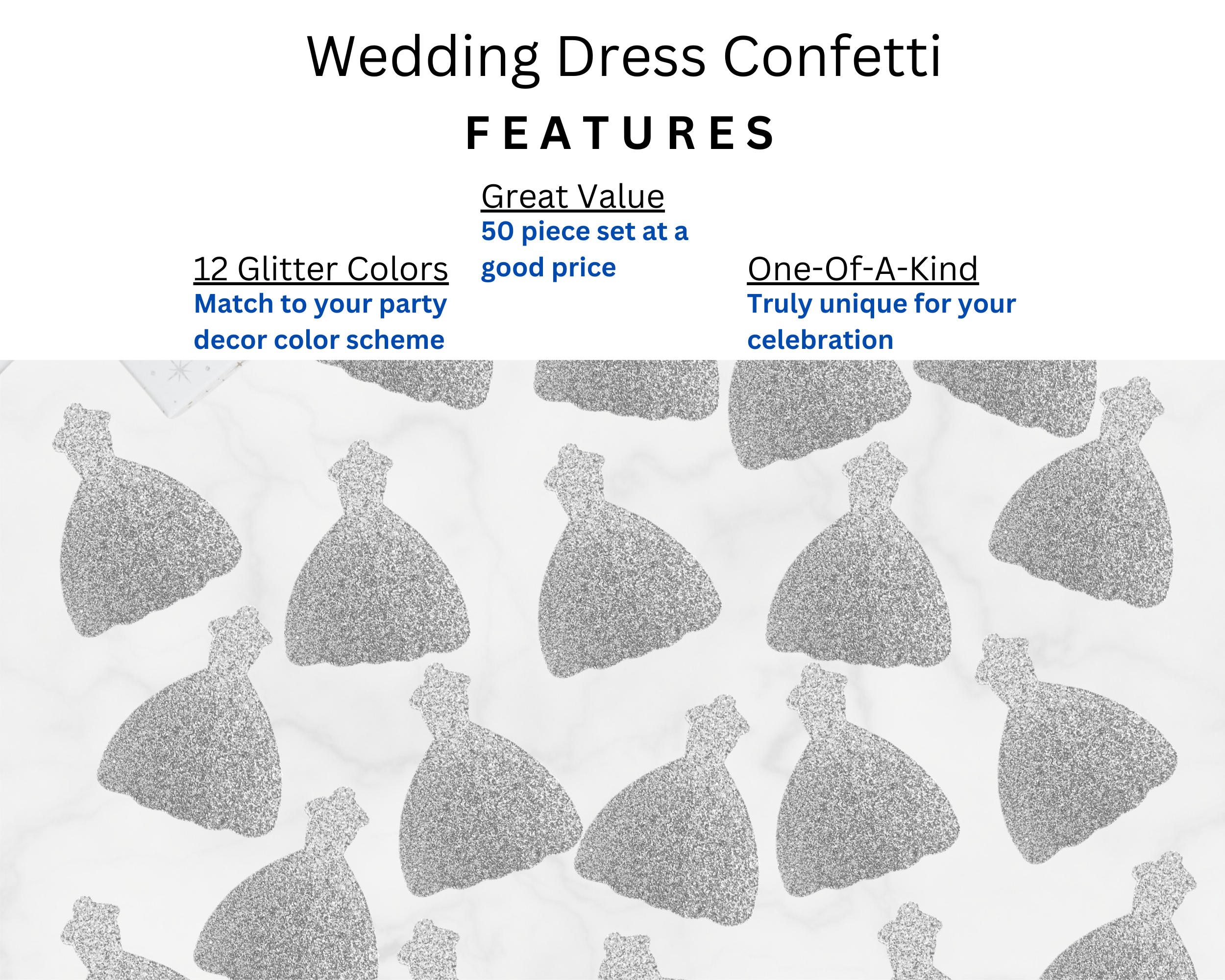 Features of wedding dress confetti from ZeeBestCelebrations bridal party supplies